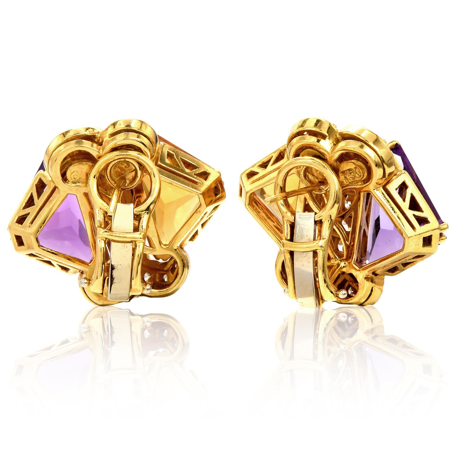 Hammerman Brothers Diamond Citrine Amethyst Gold Crossover Clip-On Earrings In Excellent Condition For Sale In Miami, FL