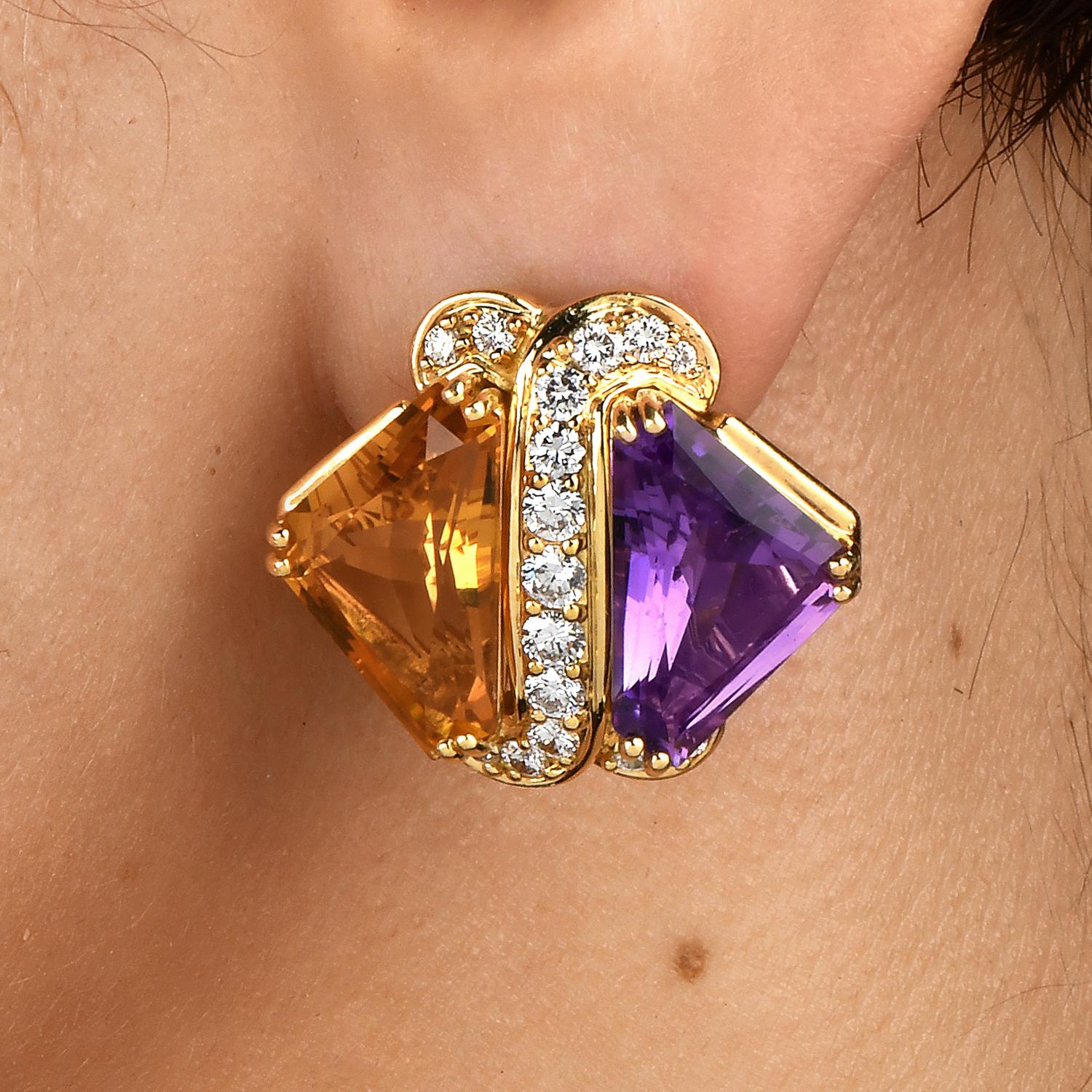 Women's Hammerman Brothers Diamond Citrine Amethyst Gold Crossover Clip-On Earrings For Sale