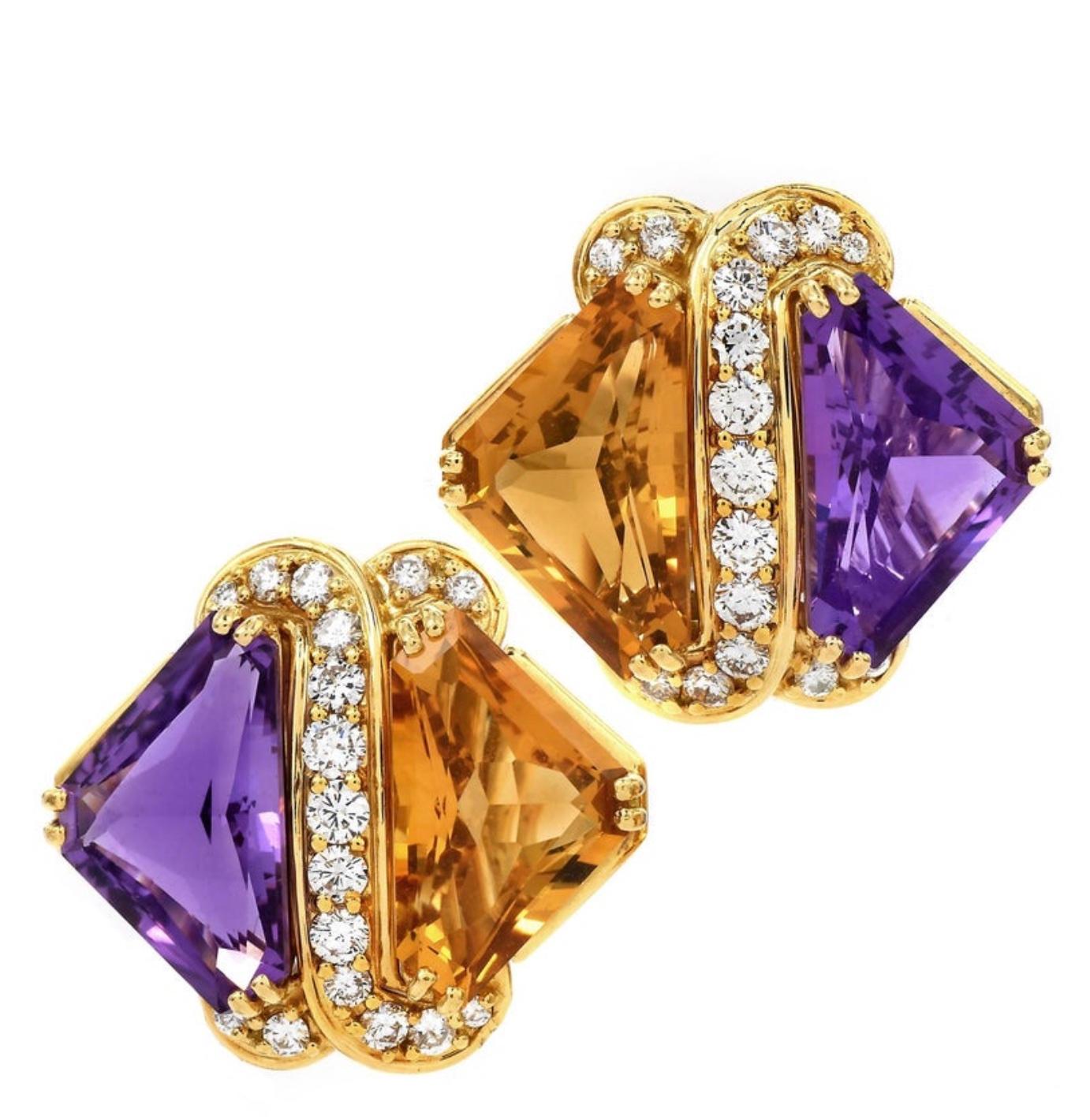 Hammerman Brothers Orecchini a clip in oro con diamante, citrino e ametista in vendita 1