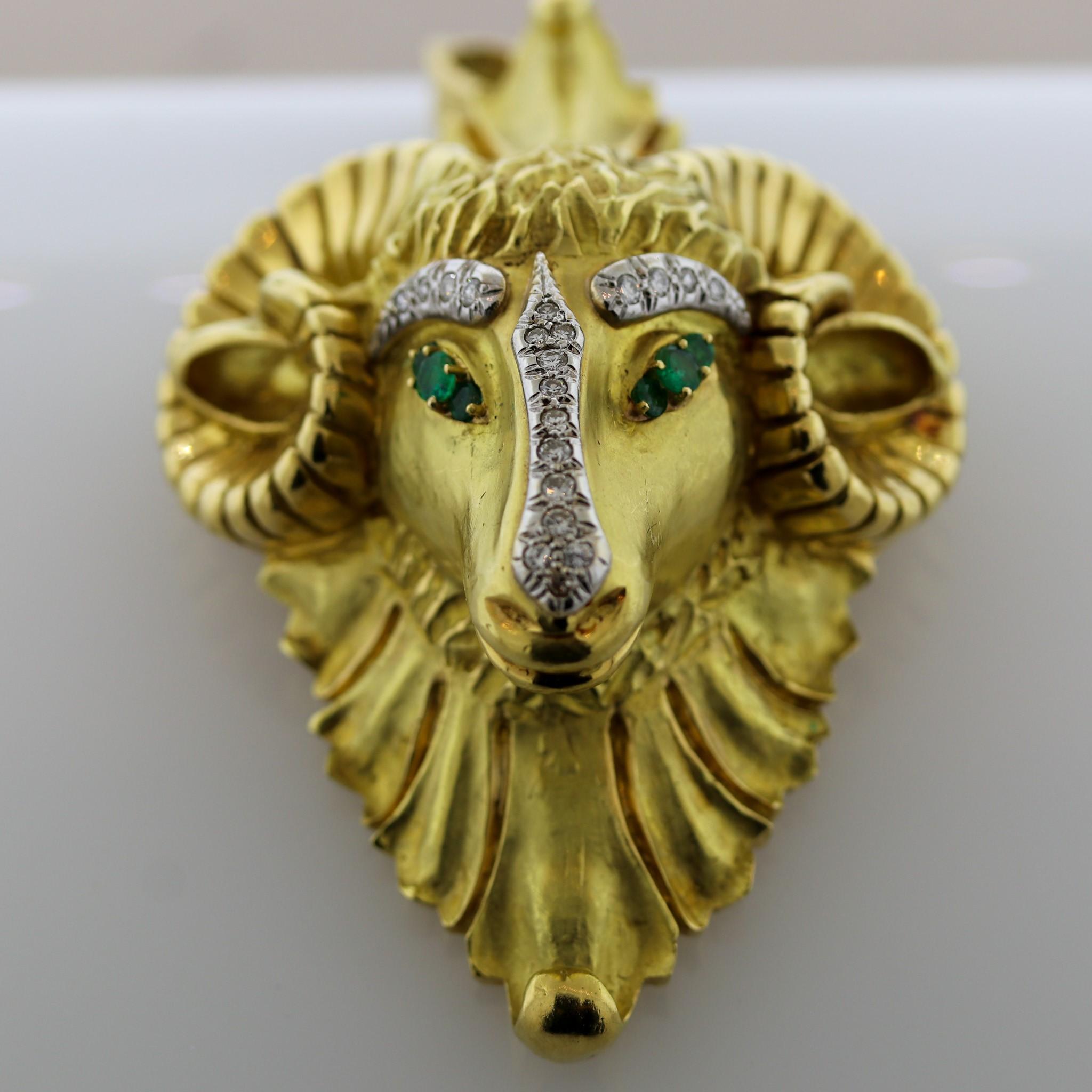 An original classic piece by Hammerman Brothers of a strong ram. It features round brilliant-cut diamonds set on its nose and eyebrows as well as 6 round emeralds as its mesmerizing eyes. Hand-sculpted and worked with excellent detail. Made in 18k
