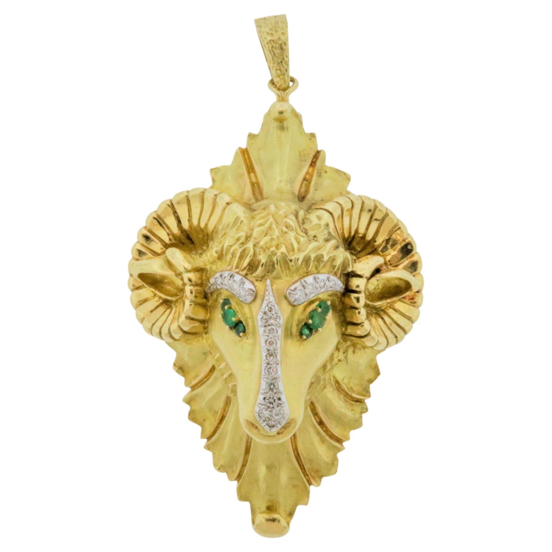 Hammerman Brothers Diamond Emerald Gold Rams Head Pendant-Brooch For Sale