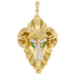 Hammerman Brothers Diamond Emerald Ram 18 Karat Yellow Gold Pendant