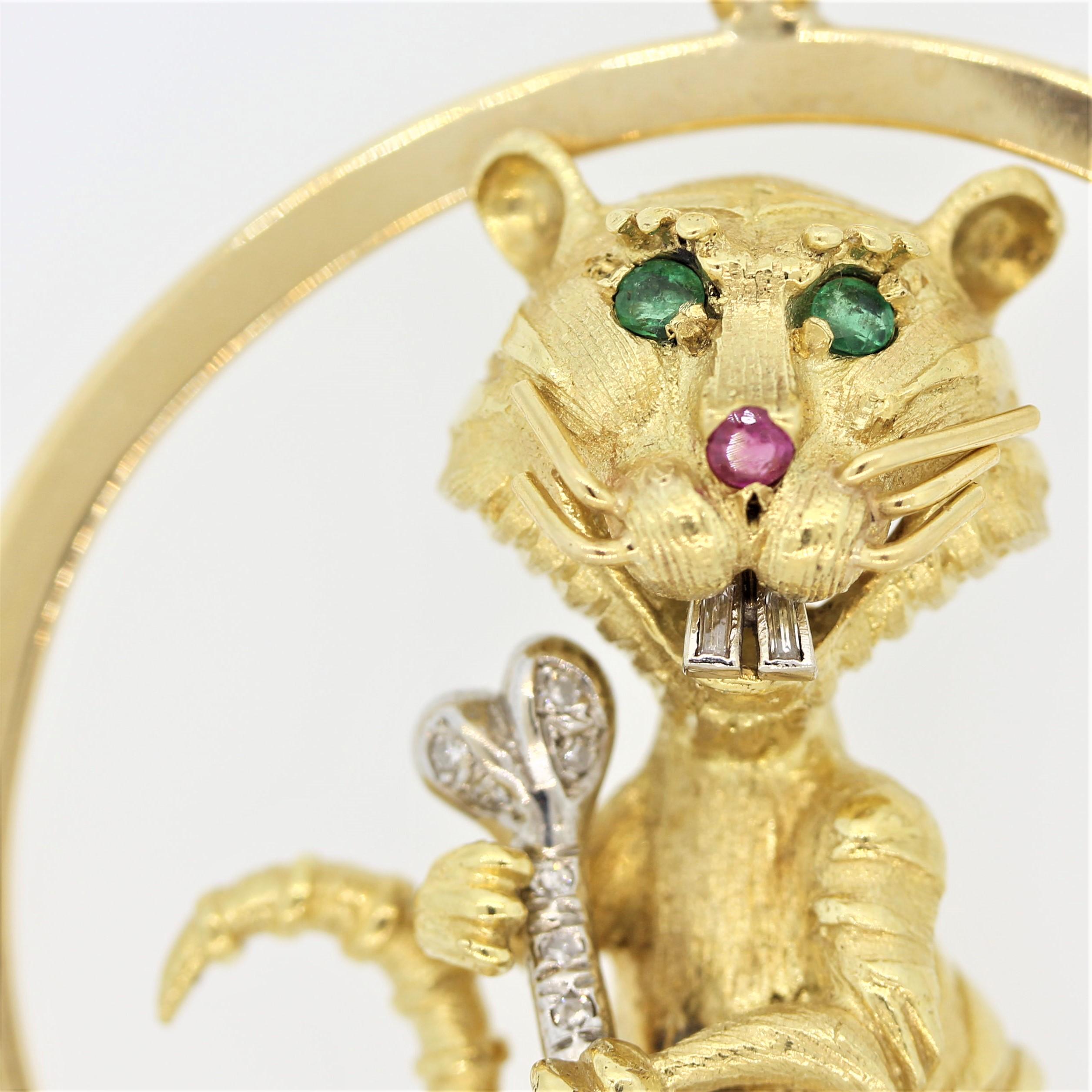 Mixed Cut Hammerman Brothers Diamond Emerald Ruby Gold “Alley-Cat” Pendant