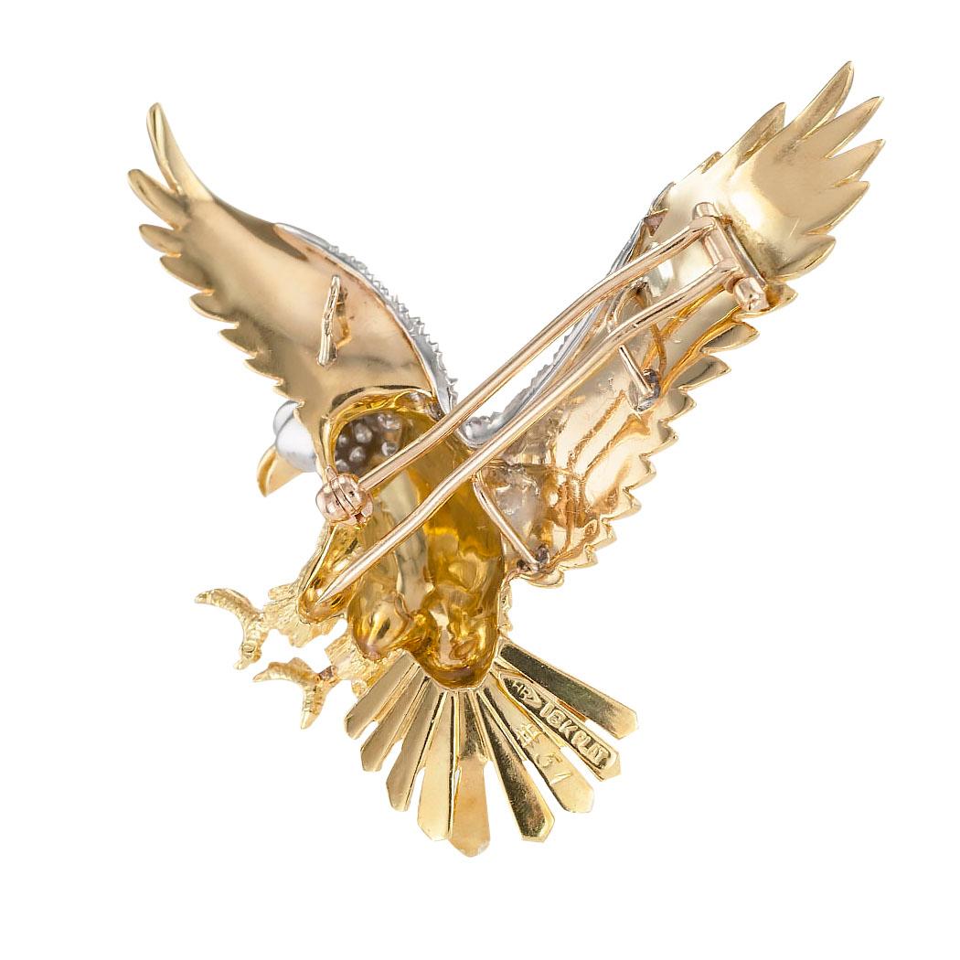 Round Cut Rosenthal Diamond Gold American Bald Eagle Brooch Pendant