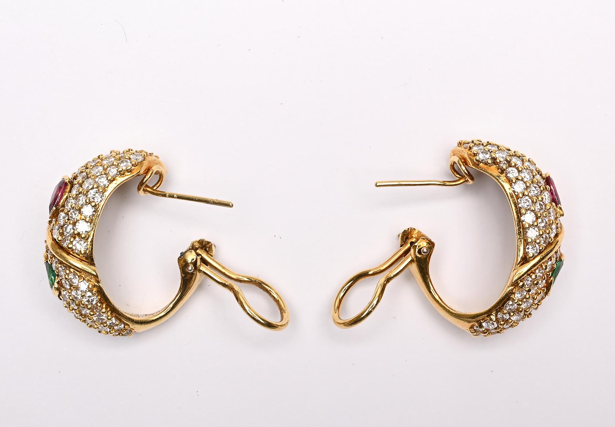Contemporary Hammerman Brothers Diamond Hoop Earrings with Rubies and Emeralds For Sale