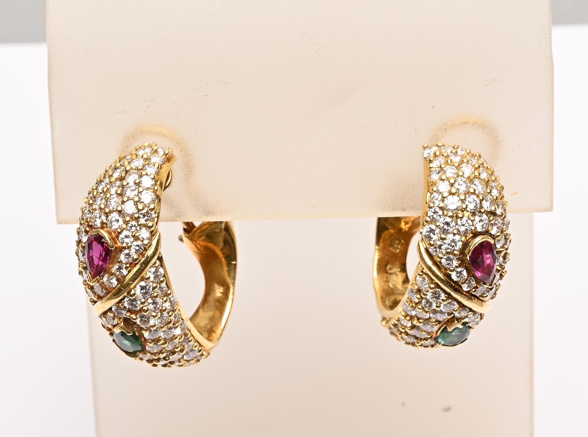 Round Cut Hammerman Brothers Diamond Hoop Earrings with Rubies and Emeralds For Sale