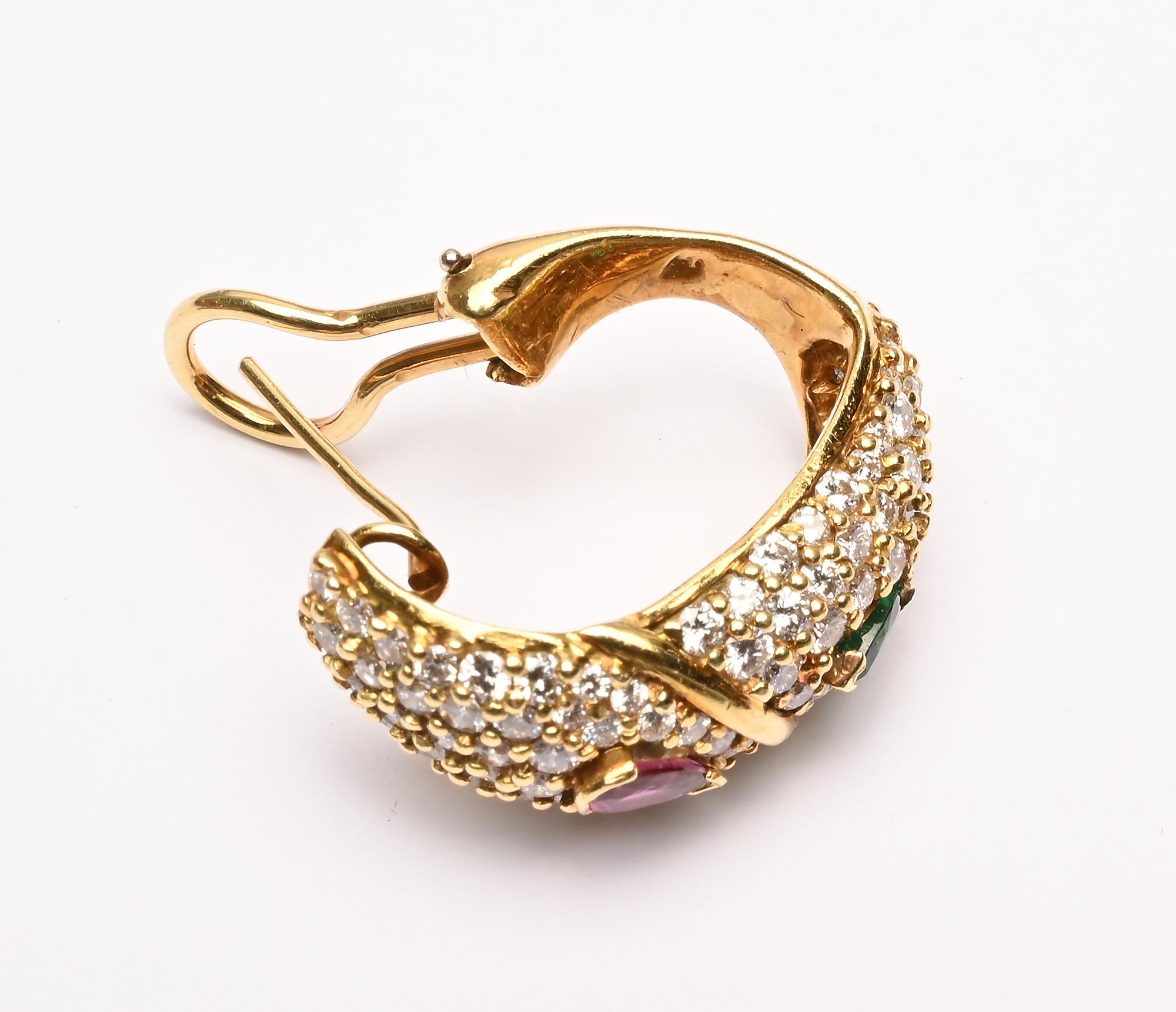 Round Cut Hammerman Brothers Diamond Hoop Earrings with Rubies and Emeralds