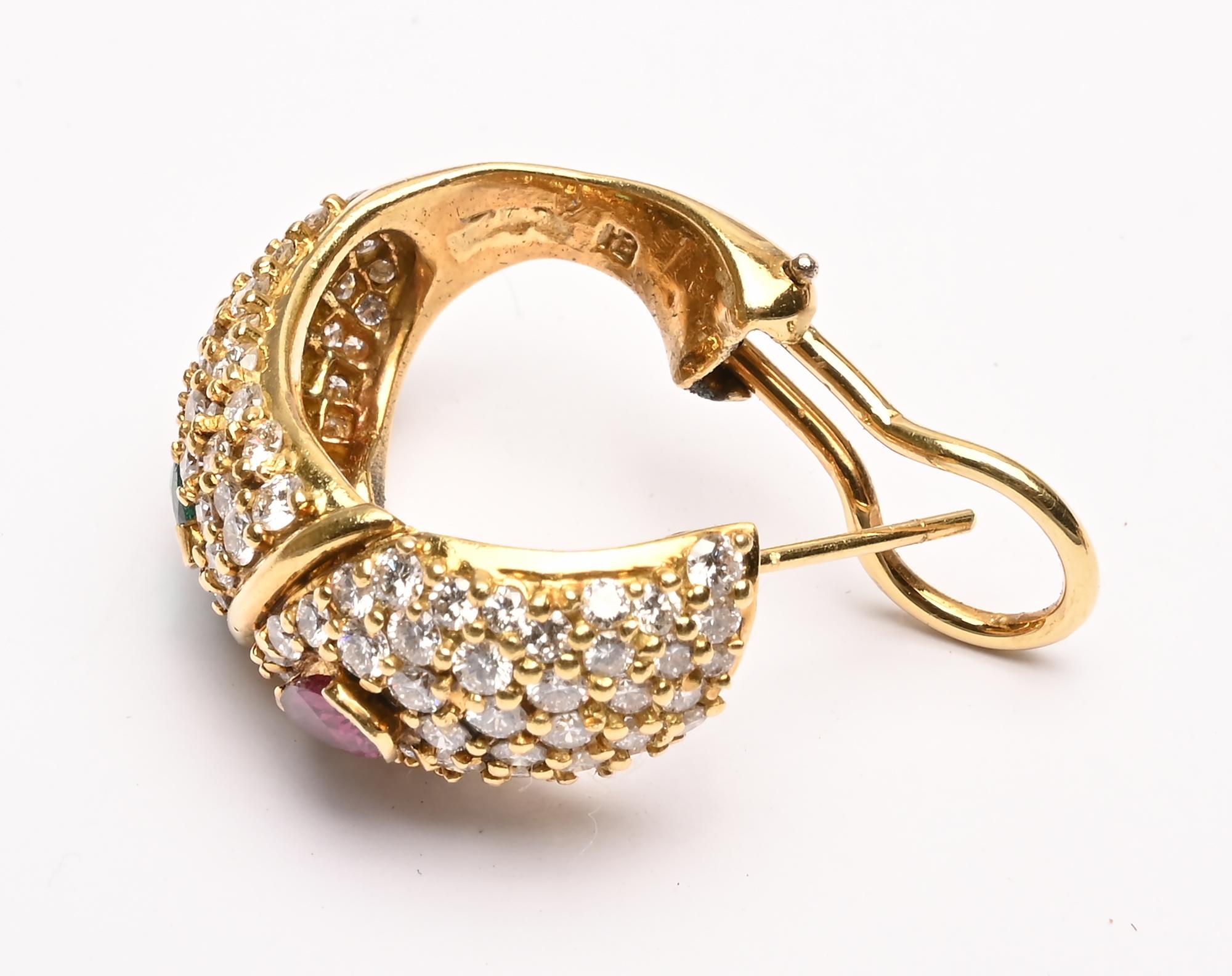 Women's or Men's Hammerman Brothers Diamond Hoop Earrings with Rubies and Emeralds For Sale