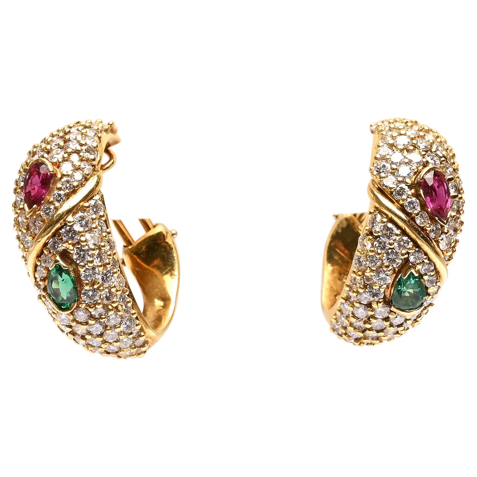Hammerman Brothers Diamond Hoop Earrings with Rubies and Emeralds For Sale
