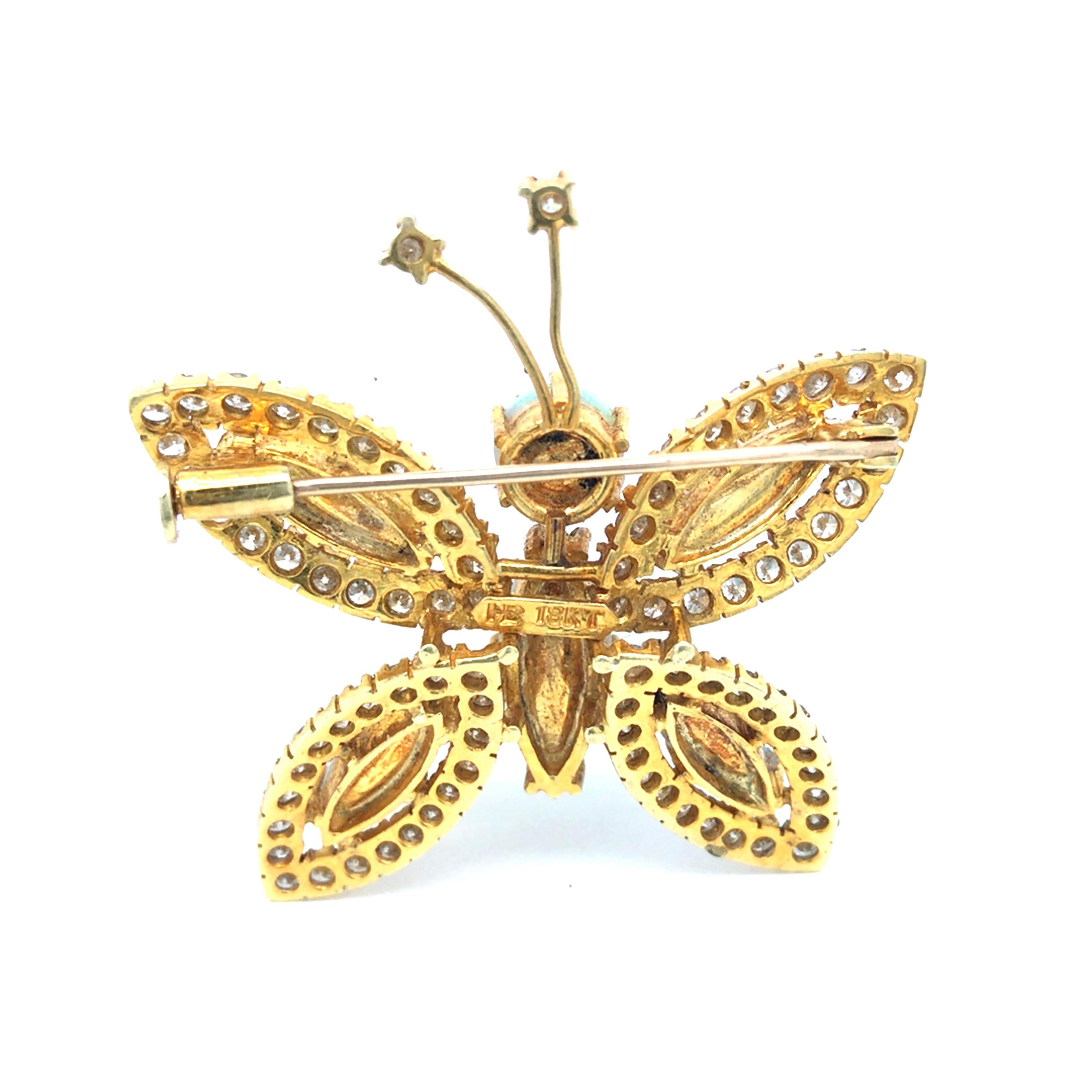 Round Cut Hammerman Brothers Diamond Opal Butterfly Pin Brooch in 18K Yellow Gold For Sale