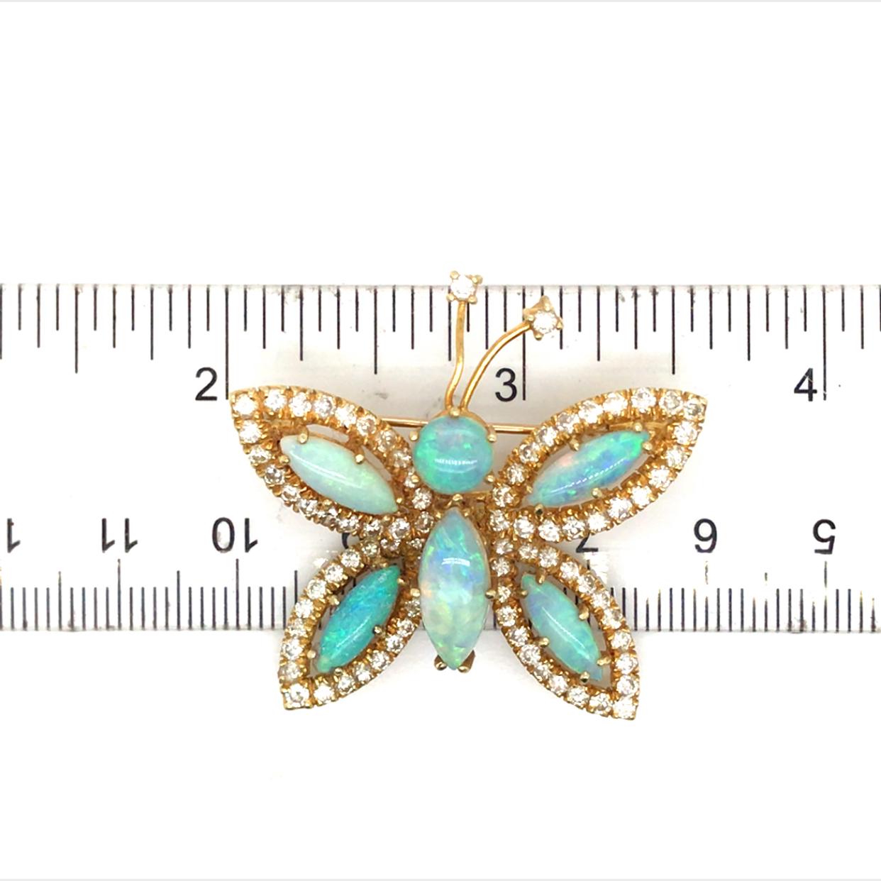 Hammerman Brothers Diamond Opal Butterfly Pin Brooch in 18K Yellow Gold In Good Condition For Sale In Boca Raton, FL