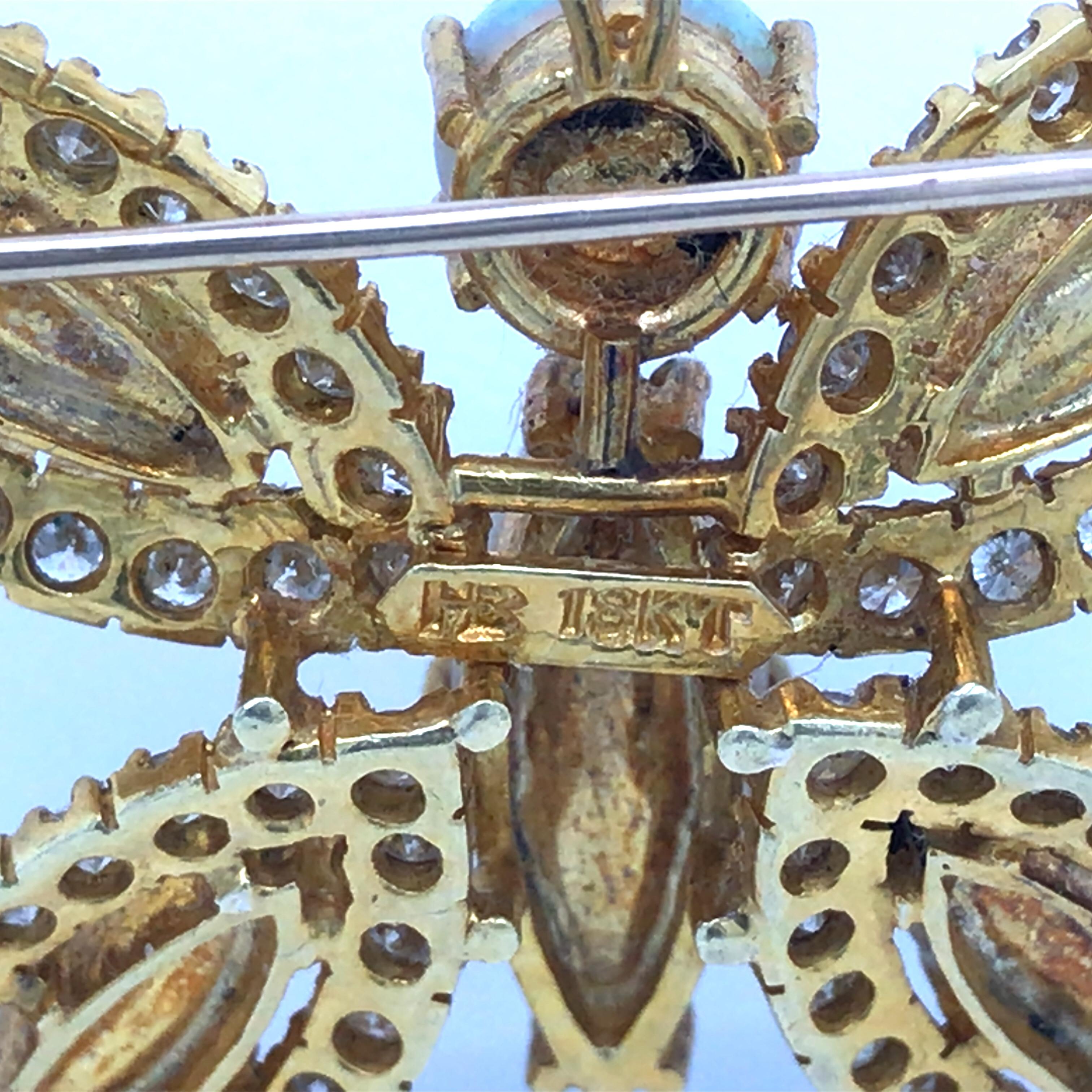 Women's or Men's Hammerman Brothers Diamond Opal Butterfly Pin Brooch in 18K Yellow Gold For Sale