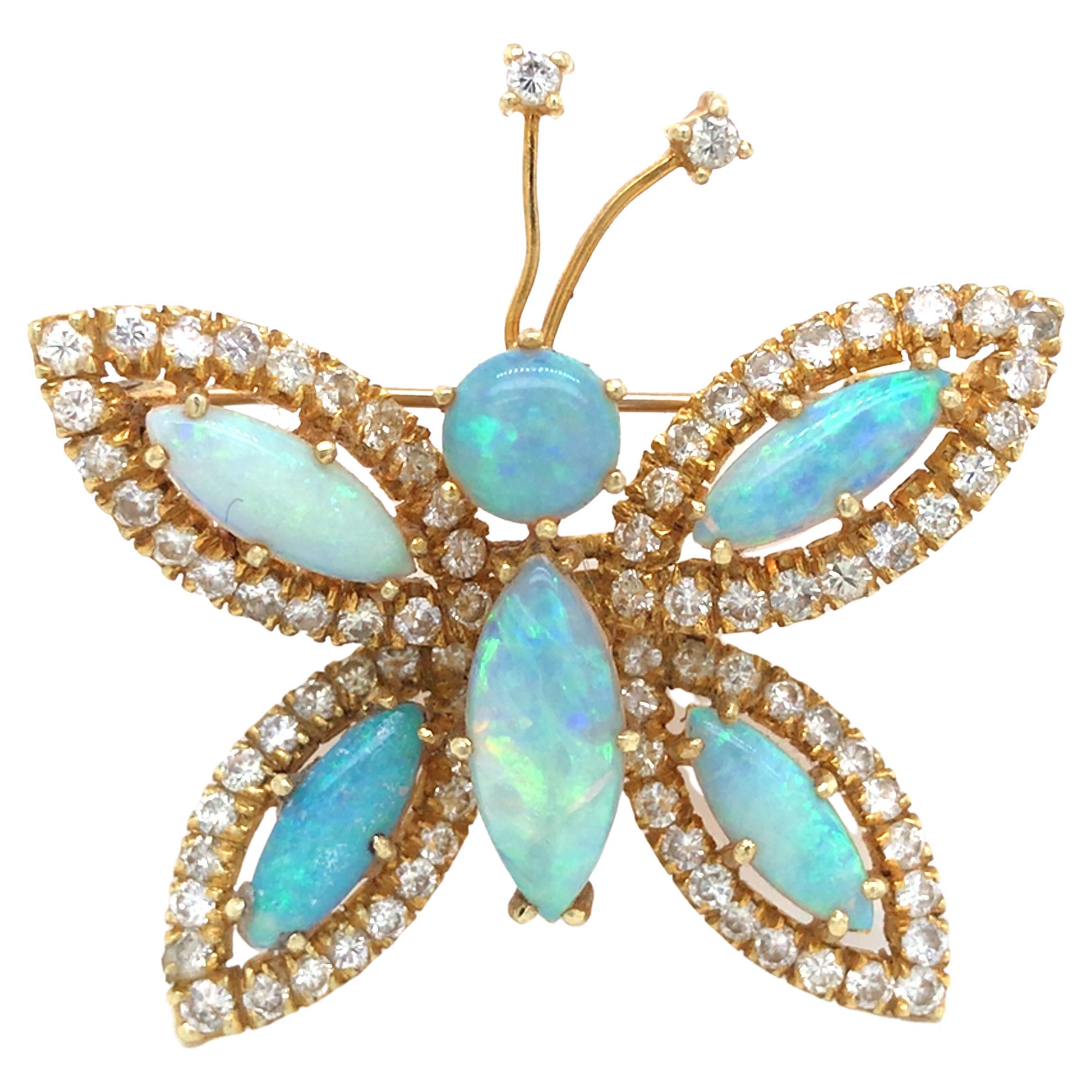 Hammerman Brothers Diamond Opal Butterfly Pin Brooch in 18K Yellow Gold For Sale