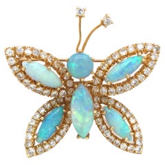 Hammerman Brothers Diamond Opal Butterfly Pin Brooch in 18K Yellow Gold
