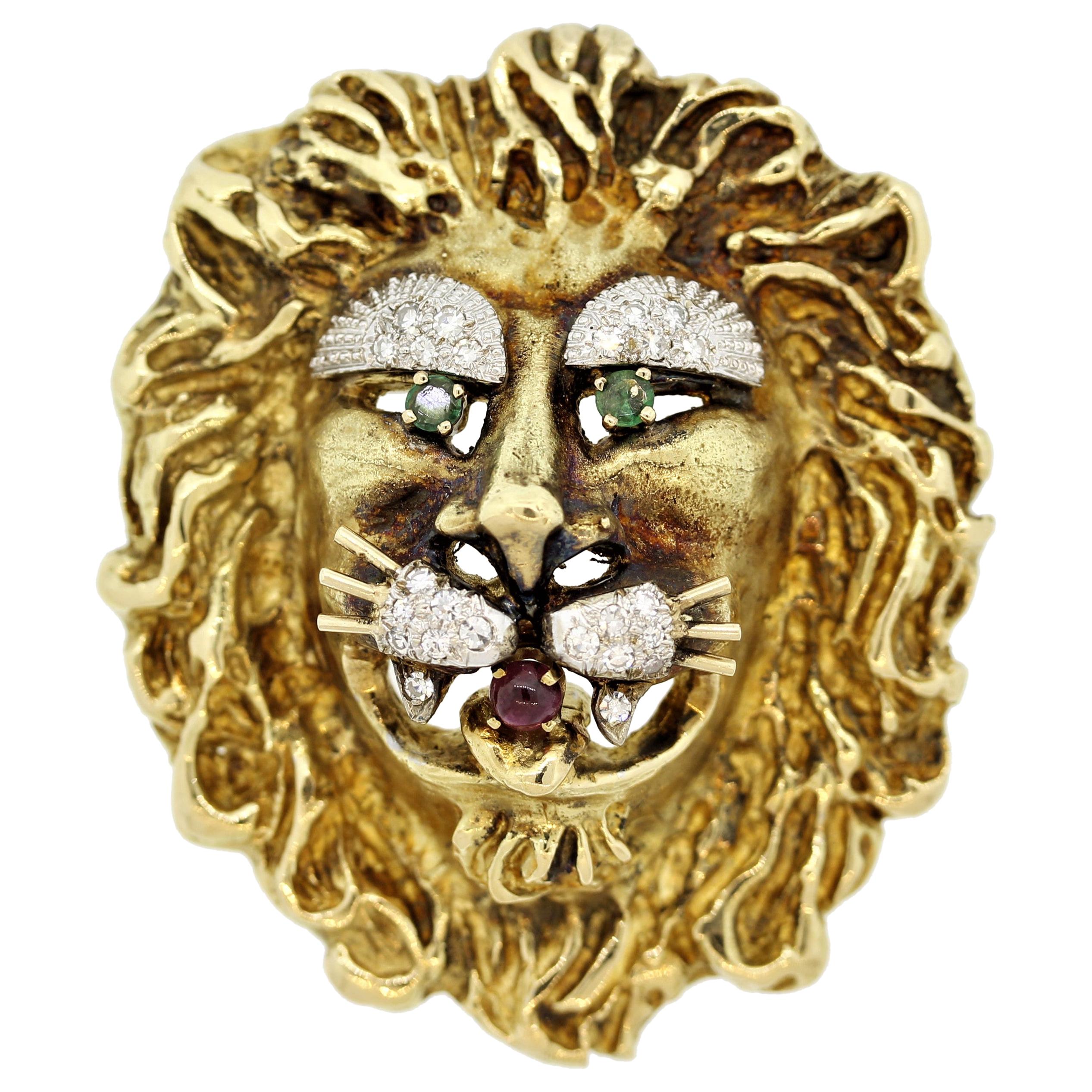 Hammerman Brothers Diamond Ruby Emerald Gold Lion Brooch For Sale