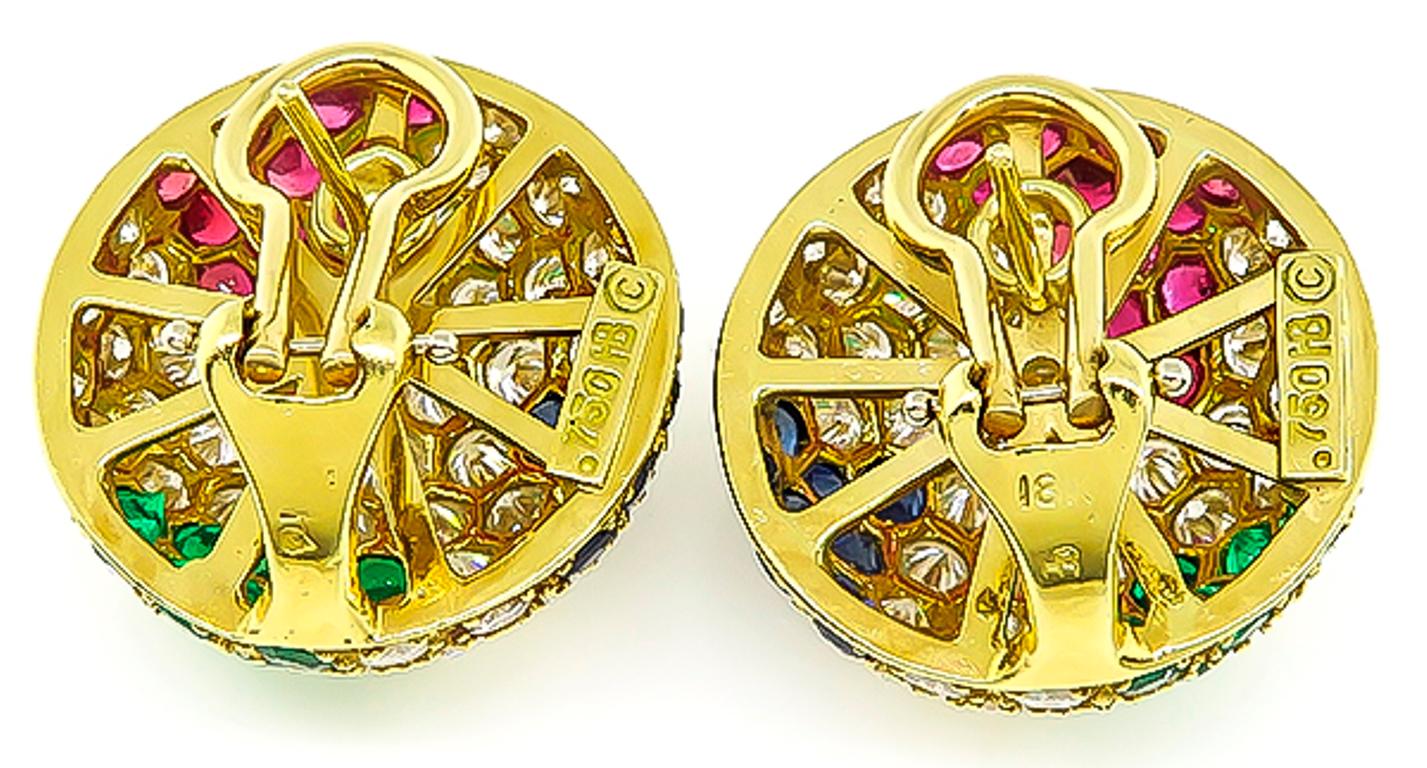 Round Cut Hammerman Brothers Diamond Sapphire Emerald Ruby Gold Earrings