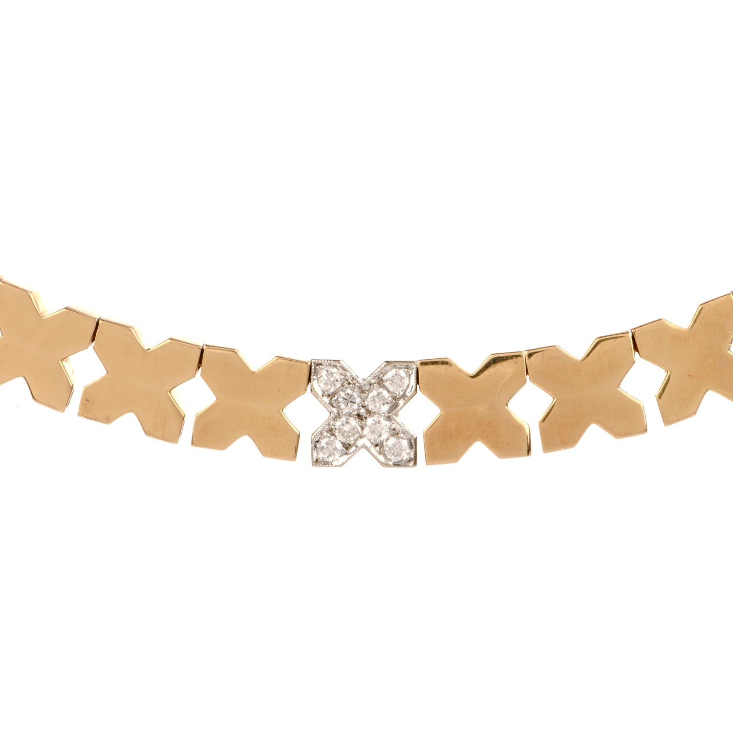 This stylish designer 1970's Hammerman Brothers diamond choker necklace is crafted in solid 14-karat yellow gold. Composed of 43 'X' shaped gold motifs, mesuring 9mm wide. Centered by one 'X' swathed in pave-set round-cut diamonds, weighing