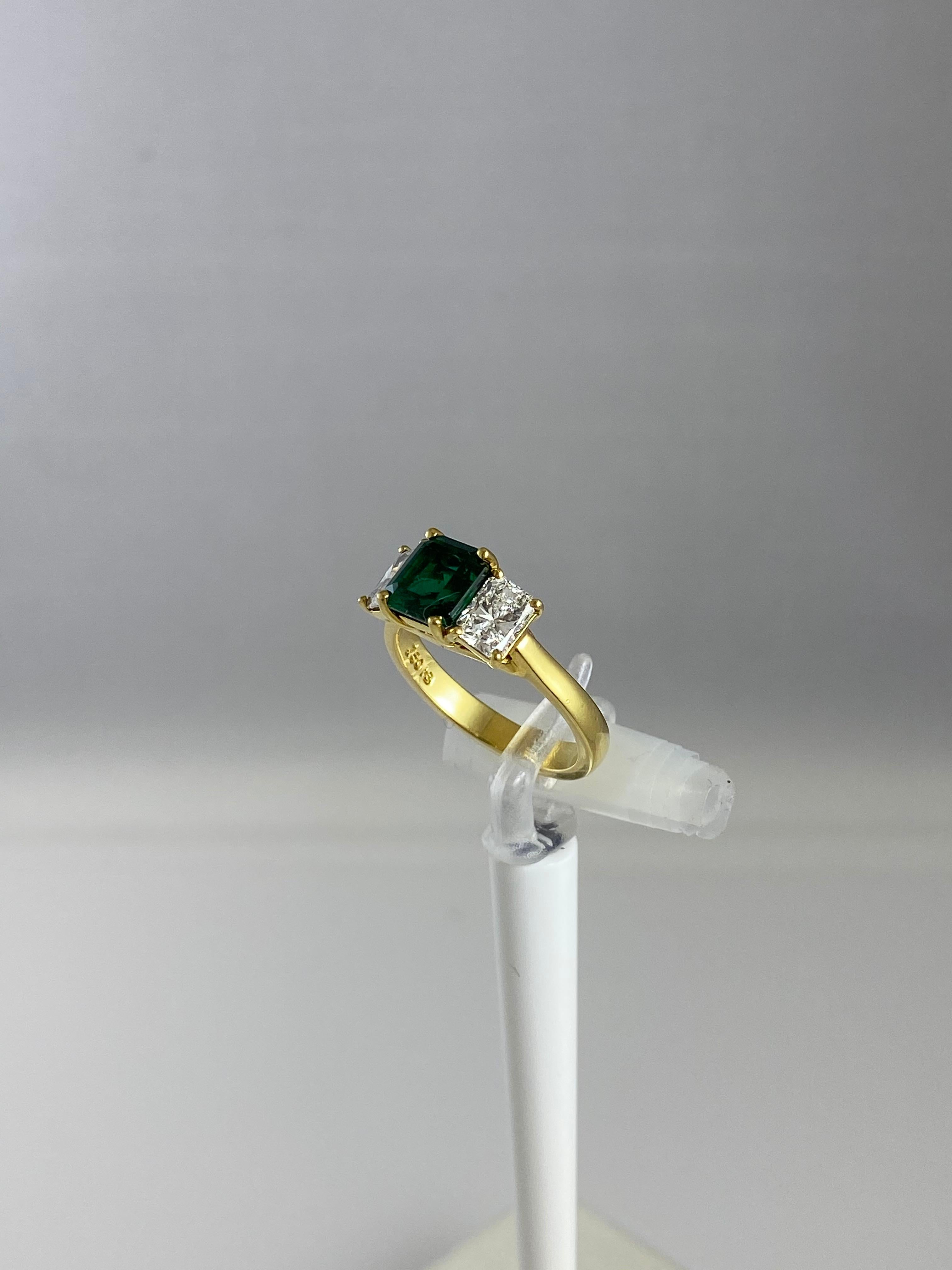Hammerman Jewels 18k Yellow Gold Emerald and Diamond Ring. 1.44 carat emerald, 1.21 carats diamonds. Size 5.5.