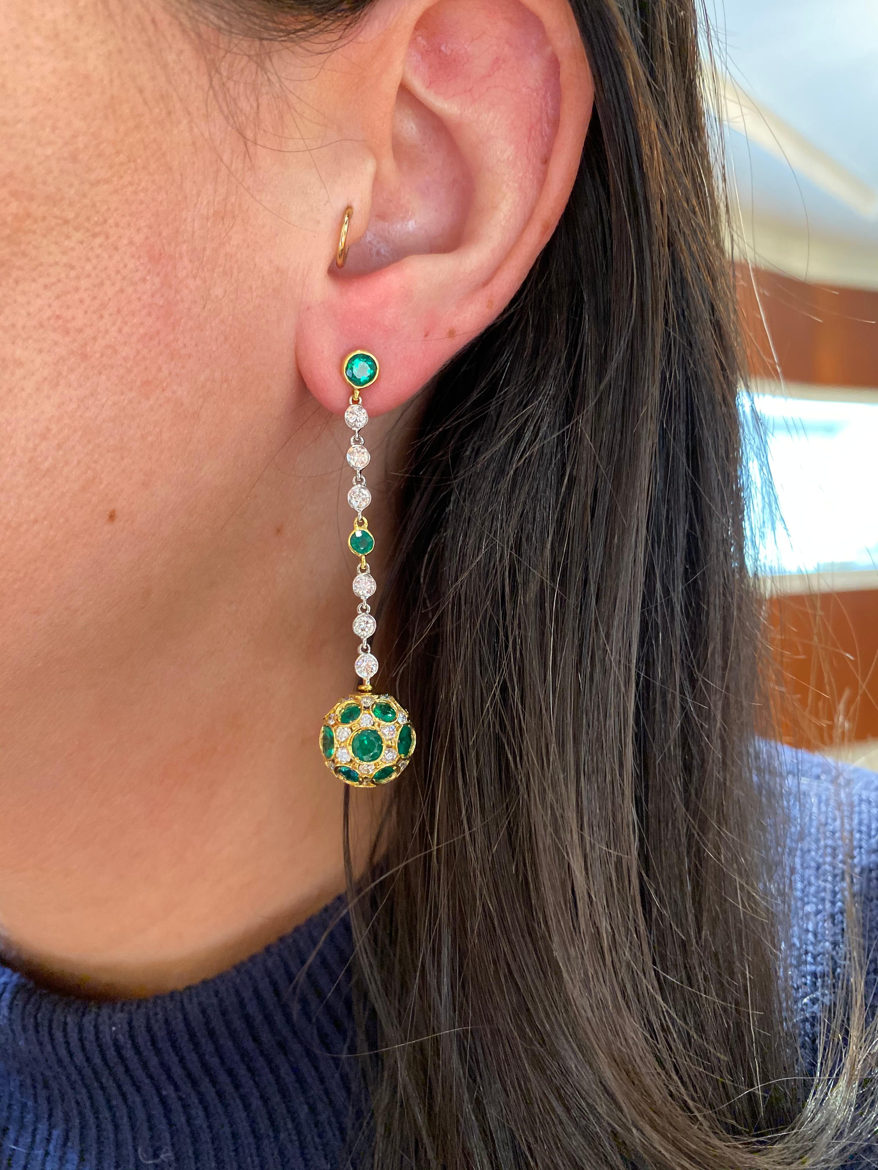 Hammerman Jewels 18 Karat Yellow Gold Diamond and Emerald Drop Earrings. 42 emeralds, 84 diamonds for 2.60 carats.