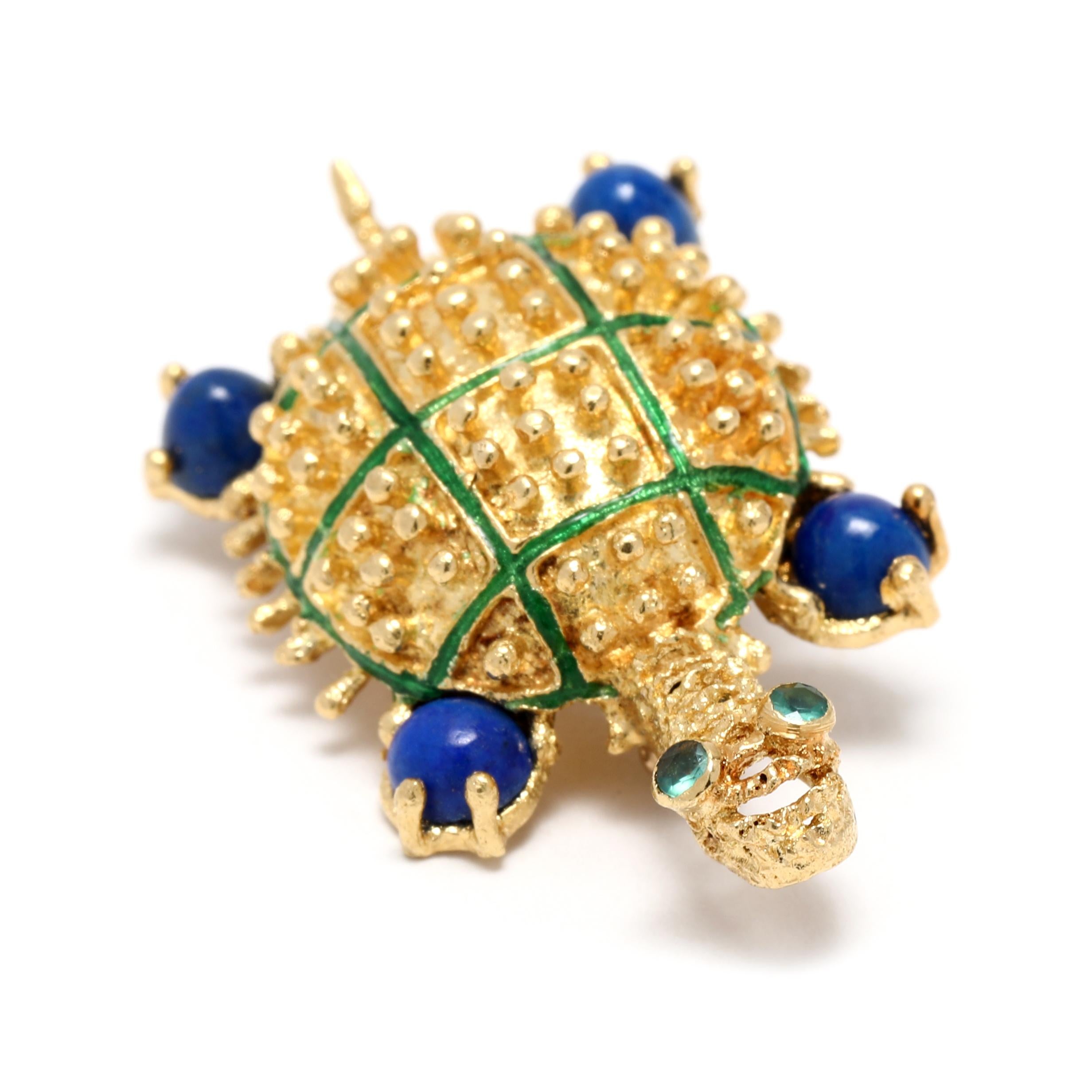 Hammerman Brothers Emerald Lapis Turtle Brooch, 18k Yellow Gold In Good Condition In McLeansville, NC