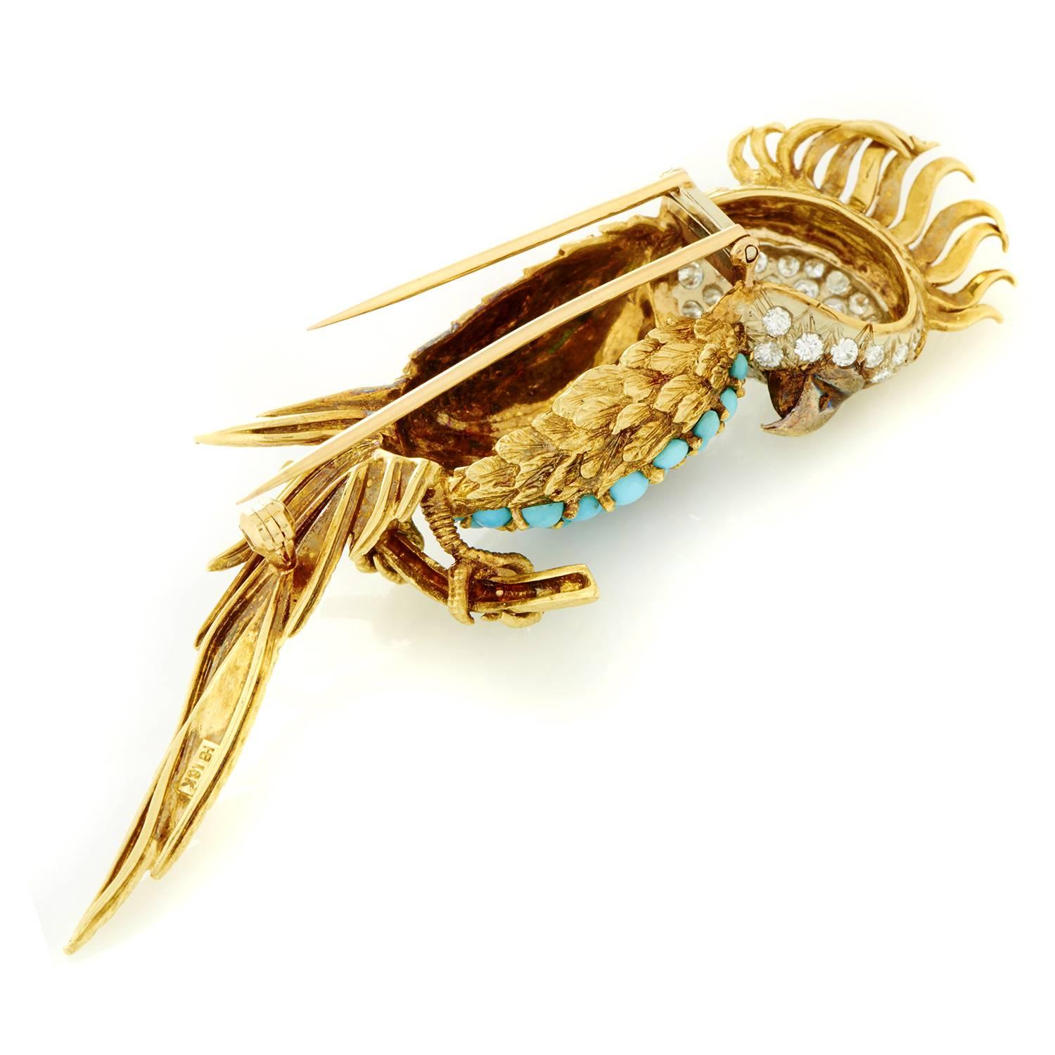 Hammerman Brothers Gemstone Diamond Multi-Color Gold Parrot Brooch In Excellent Condition In Southampton, PA