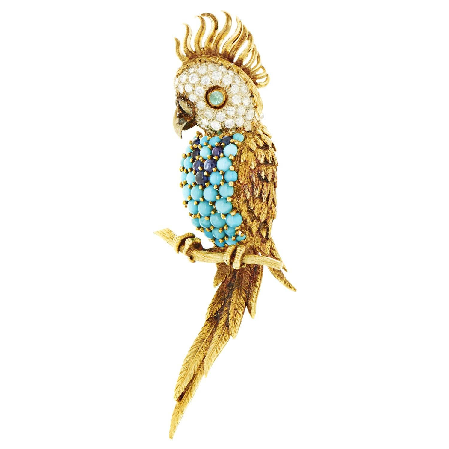 Hammerman Brothers Gemstone Diamond Multi-Color Gold Parrot Brooch