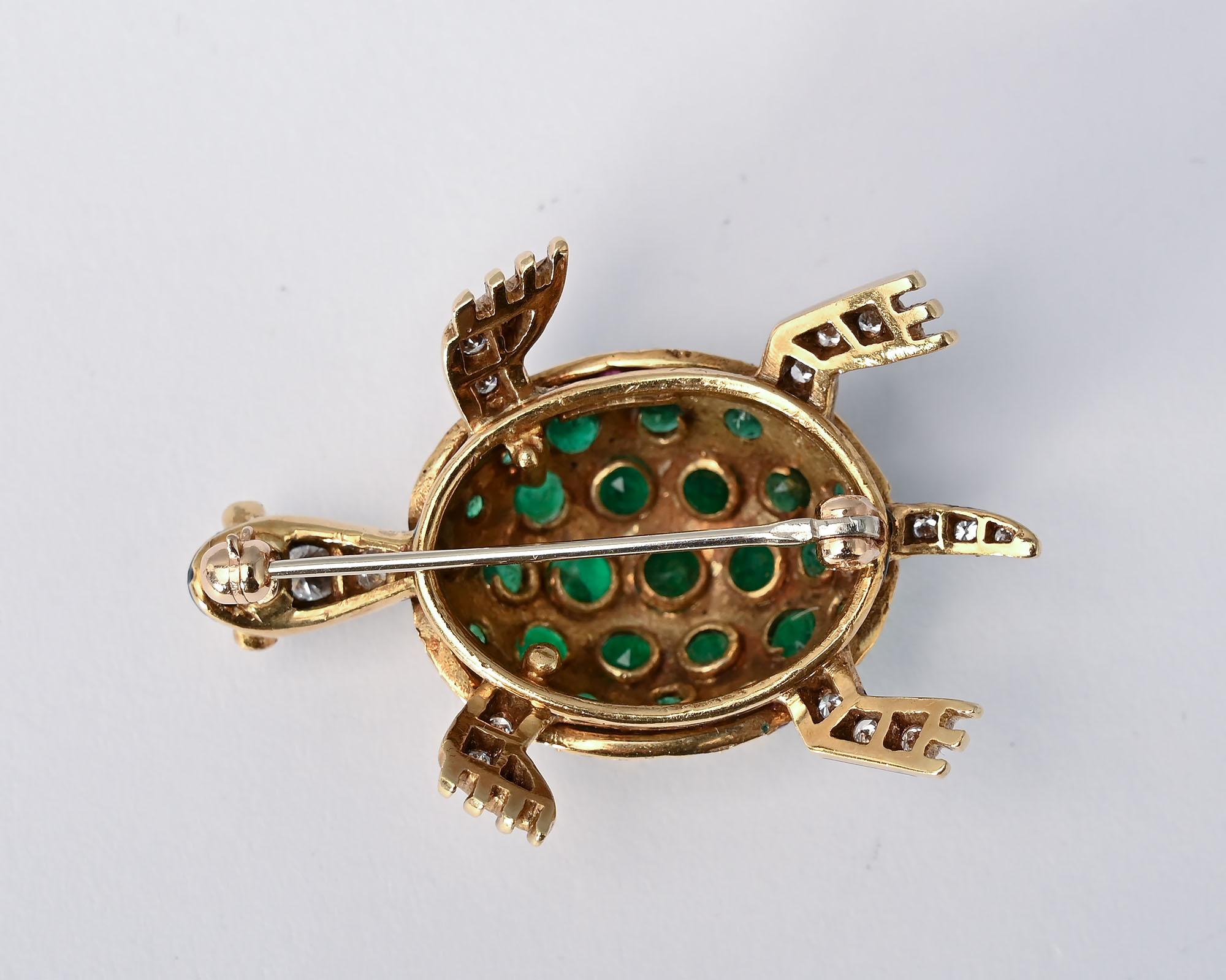 Brilliant Cut Hammerman Brothers Gold and Emerald Turtle Brooch For Sale