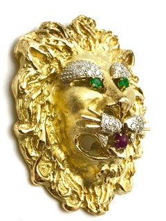 Hammerman Brothers Large Diamond Emerald and Ruby Gold Lion Brooch or Pendant