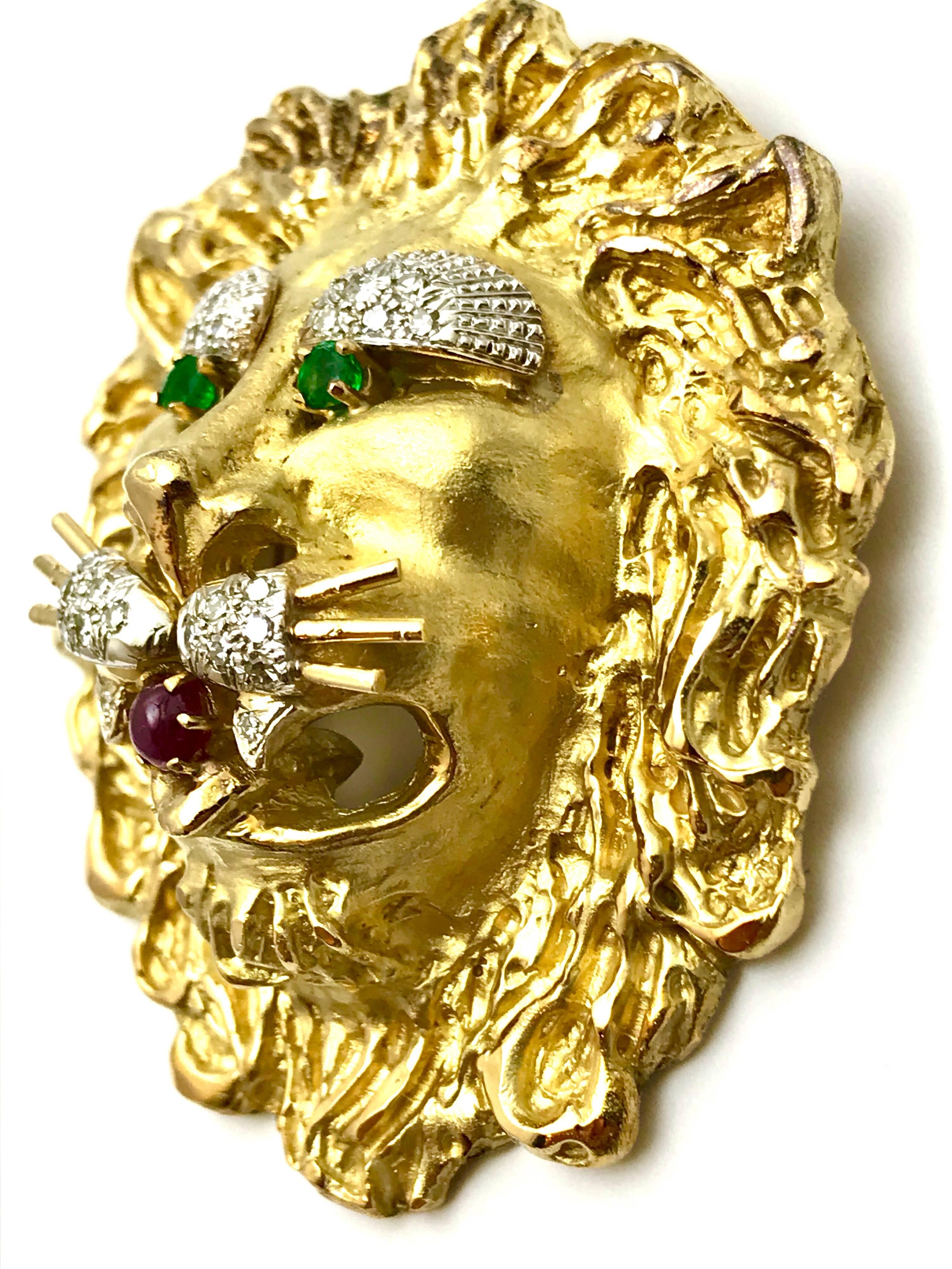 Retro Hammerman Brothers Large Diamond Emerald and Ruby Gold Lion Brooch or Pendant