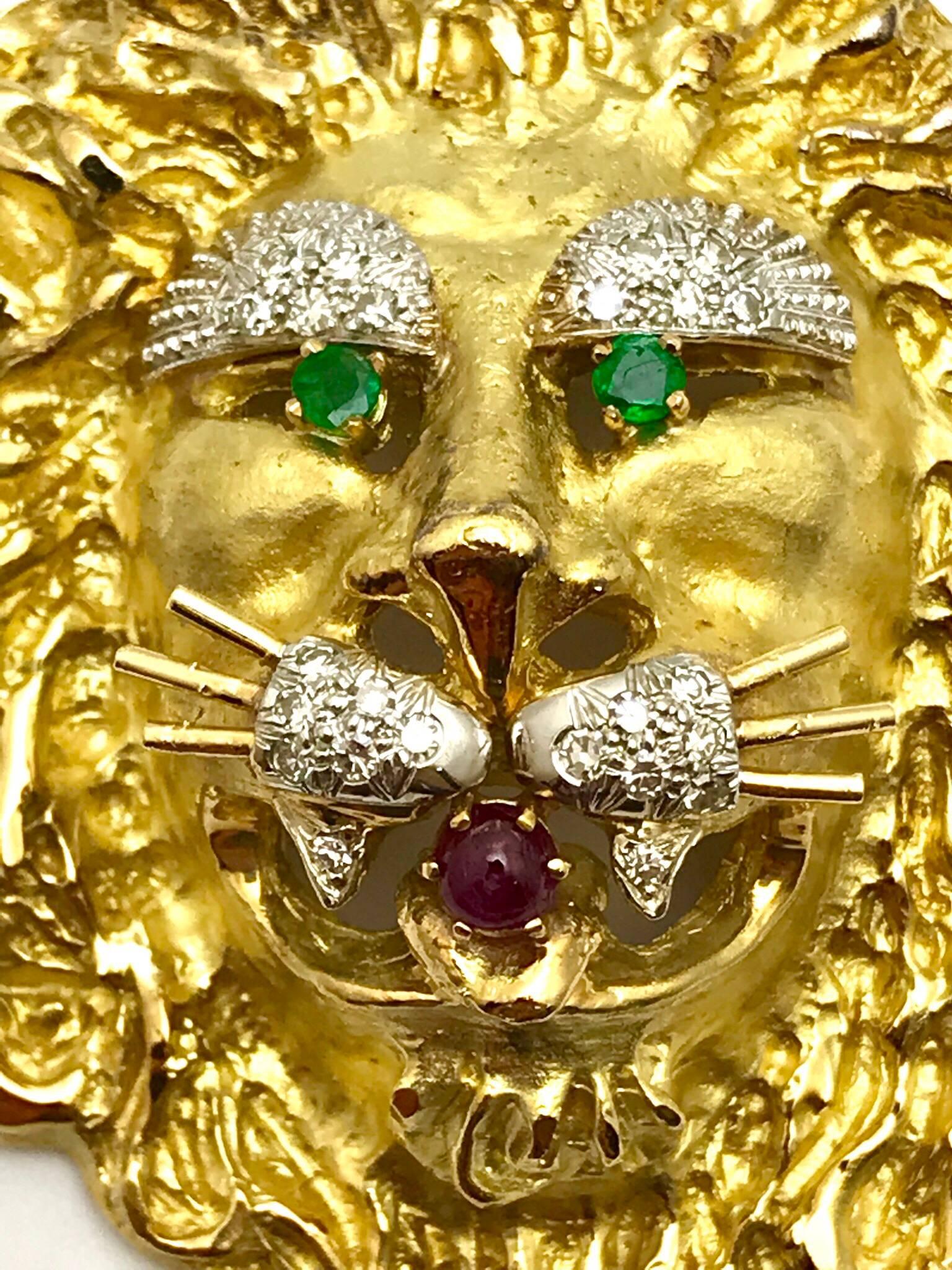 Round Cut Hammerman Brothers Large Diamond Emerald and Ruby Gold Lion Brooch or Pendant