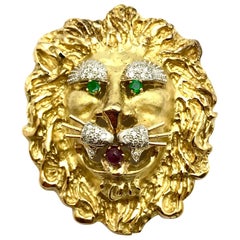 Hammerman Brothers Large Diamond Emerald and Ruby Gold Lion Brooch or Pendant