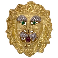 Hammerman Brothers Lion Diamond Emerald Ruby Vintage Pendant Pin Brooch 18 Karat