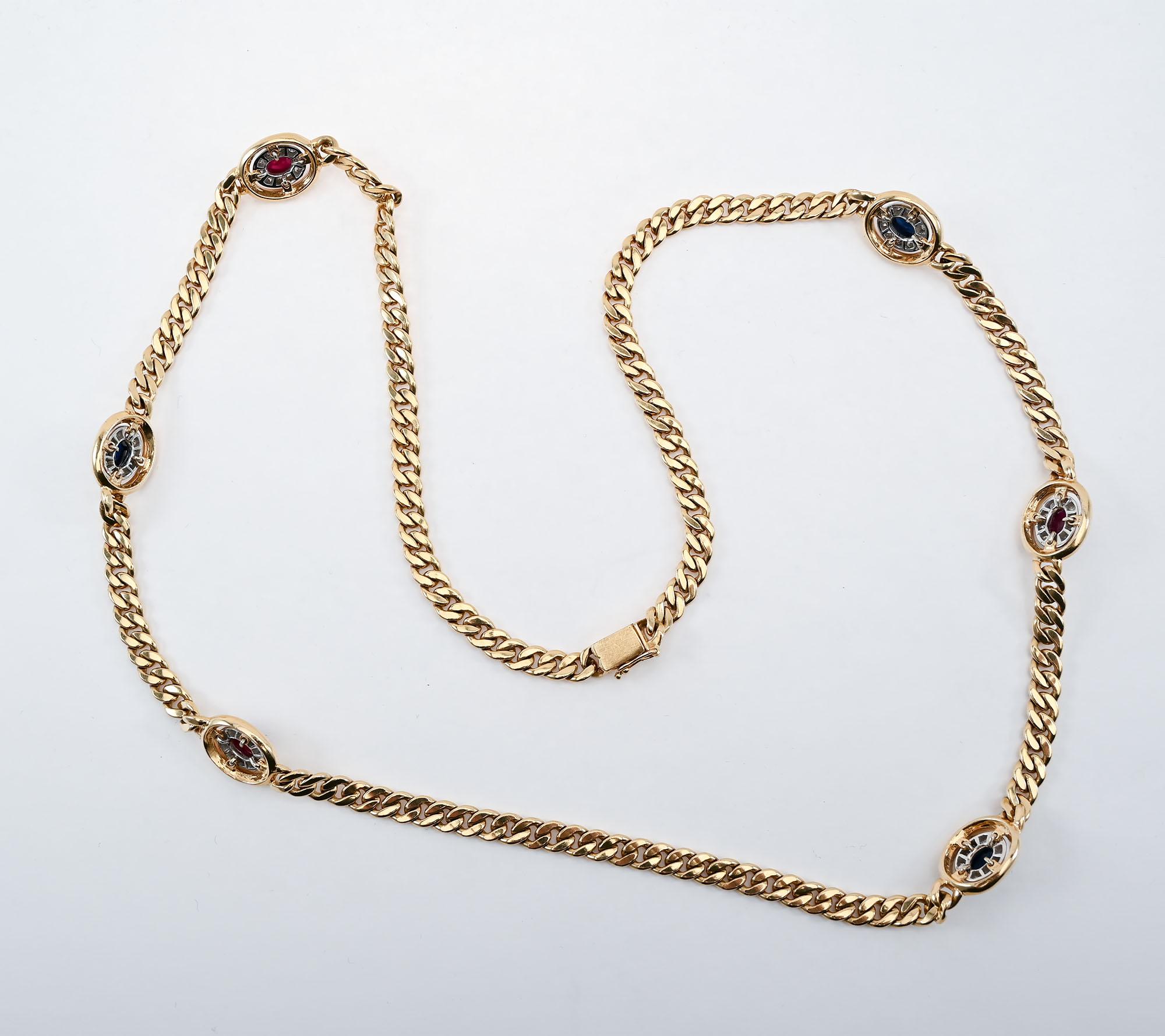 Femenino o masculino Hammerman Brothers Collar largo de cadena de oro con rubíes, zafiros y diamantes en venta