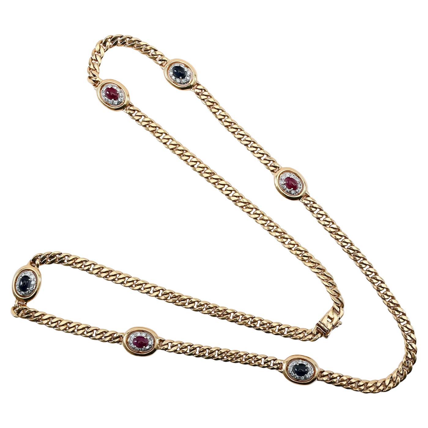 Hammerman Brothers Long Gold Chain Necklace with Rubies, Sapphires and Diamonds