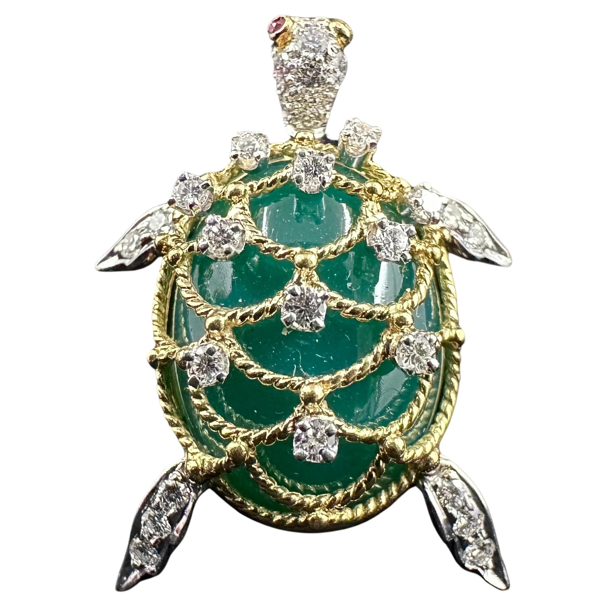 Hammerman Brothers Nephrite And Diamond Turtle 18k Gold PT950 Pendant  For Sale