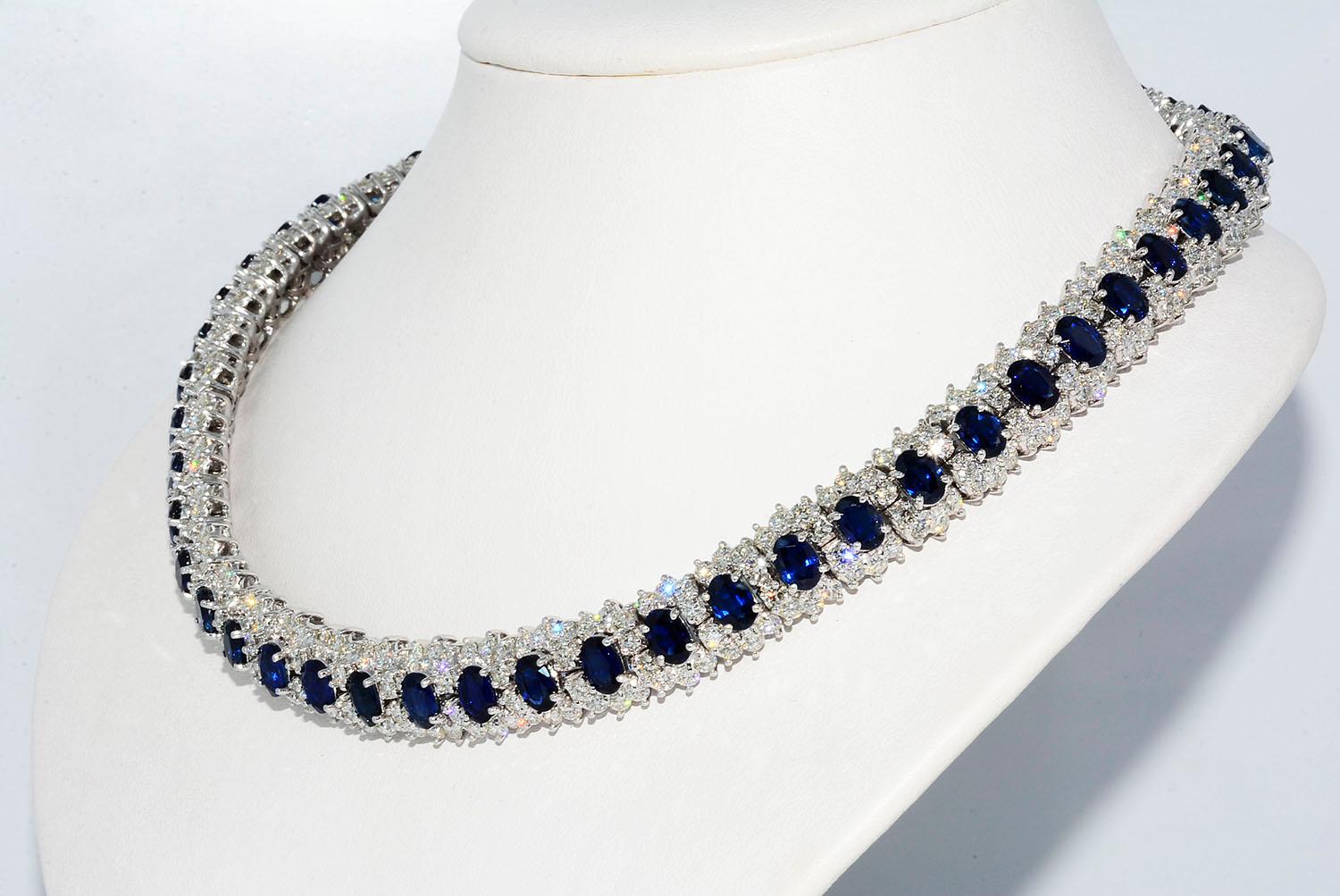 Hammerman Brothers Oval Sapphire and Diamond Necklace Platinum

Oval Blue Sapphires Heat Only 21.75 ct
Round Diamonds 21.00 ct F VS1
Platinum
Length 17 Inches