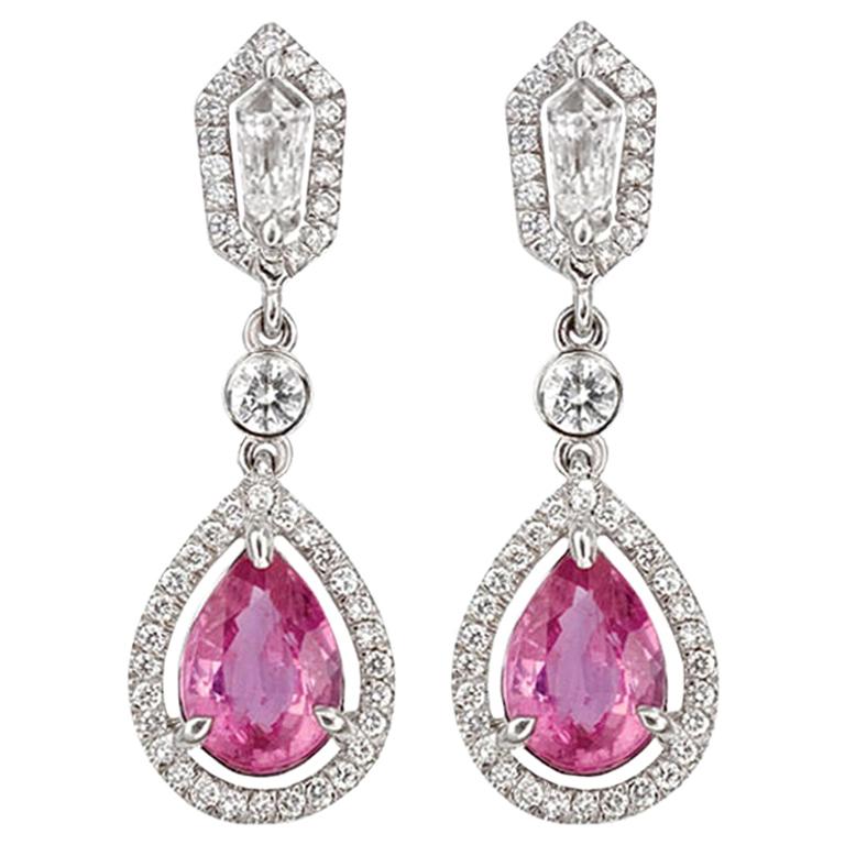Hammerman Brothers Pear Shape Pink Sapphire and Diamond Drop Earrings For Sale