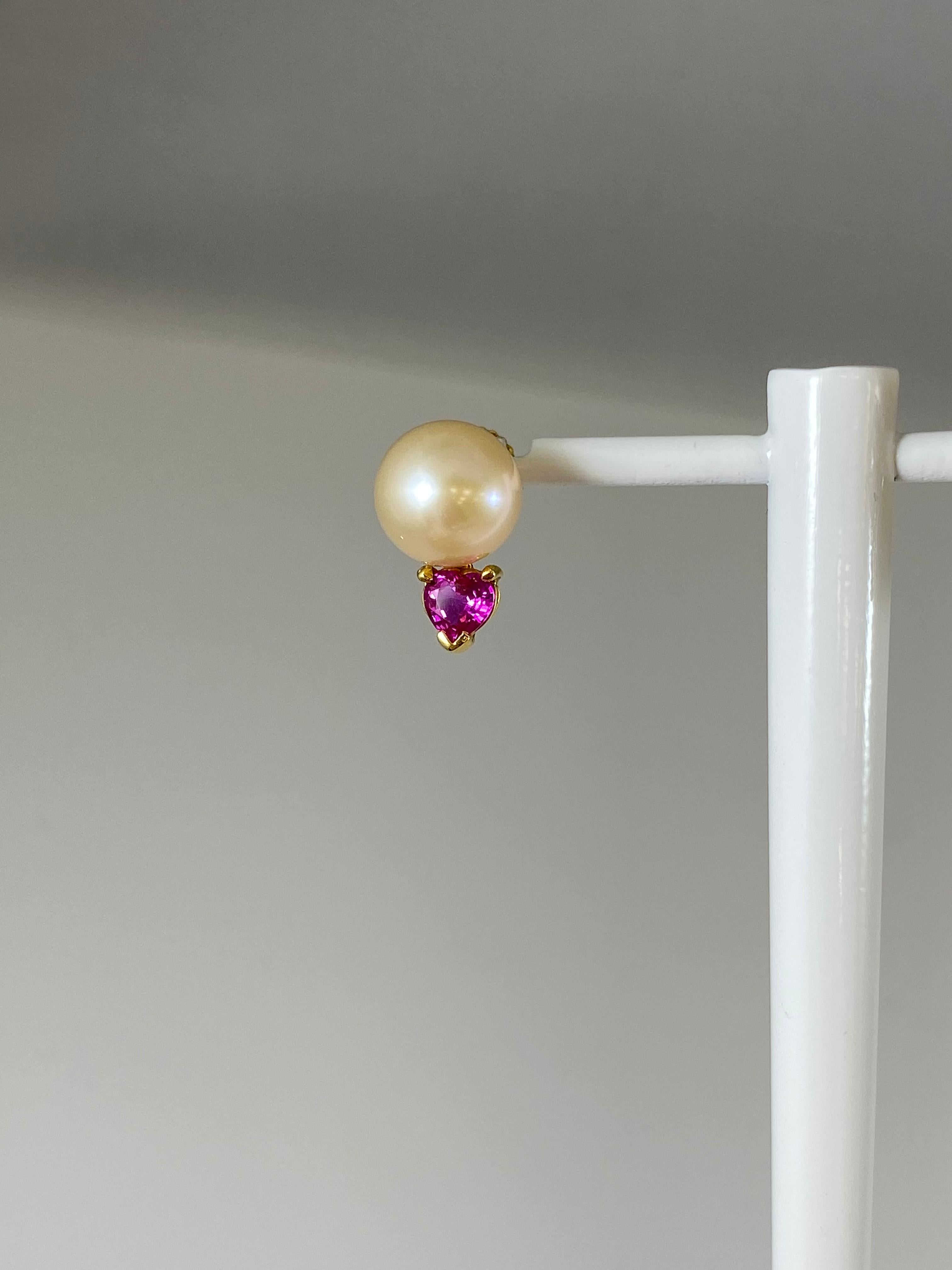 Hammerman Jewels 18 Karat Yellow Gold Pearl and Heart Shape Pink Sapphire Stud Earrings.