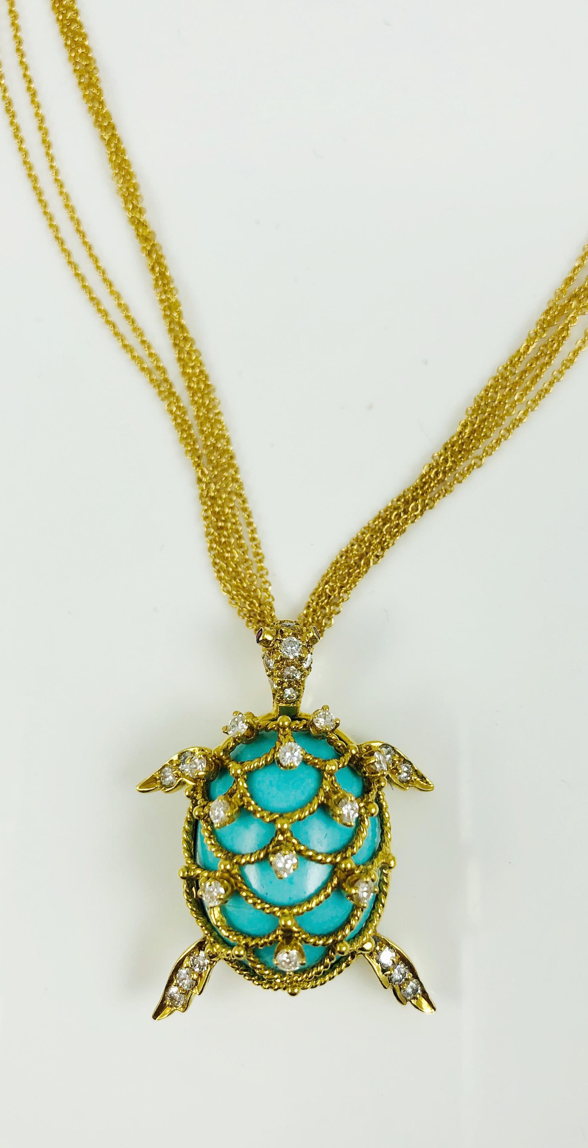 Hammerman Brothers Persian Turquoise, Diamond and 14 Karat Gold Turtle Necklace 9