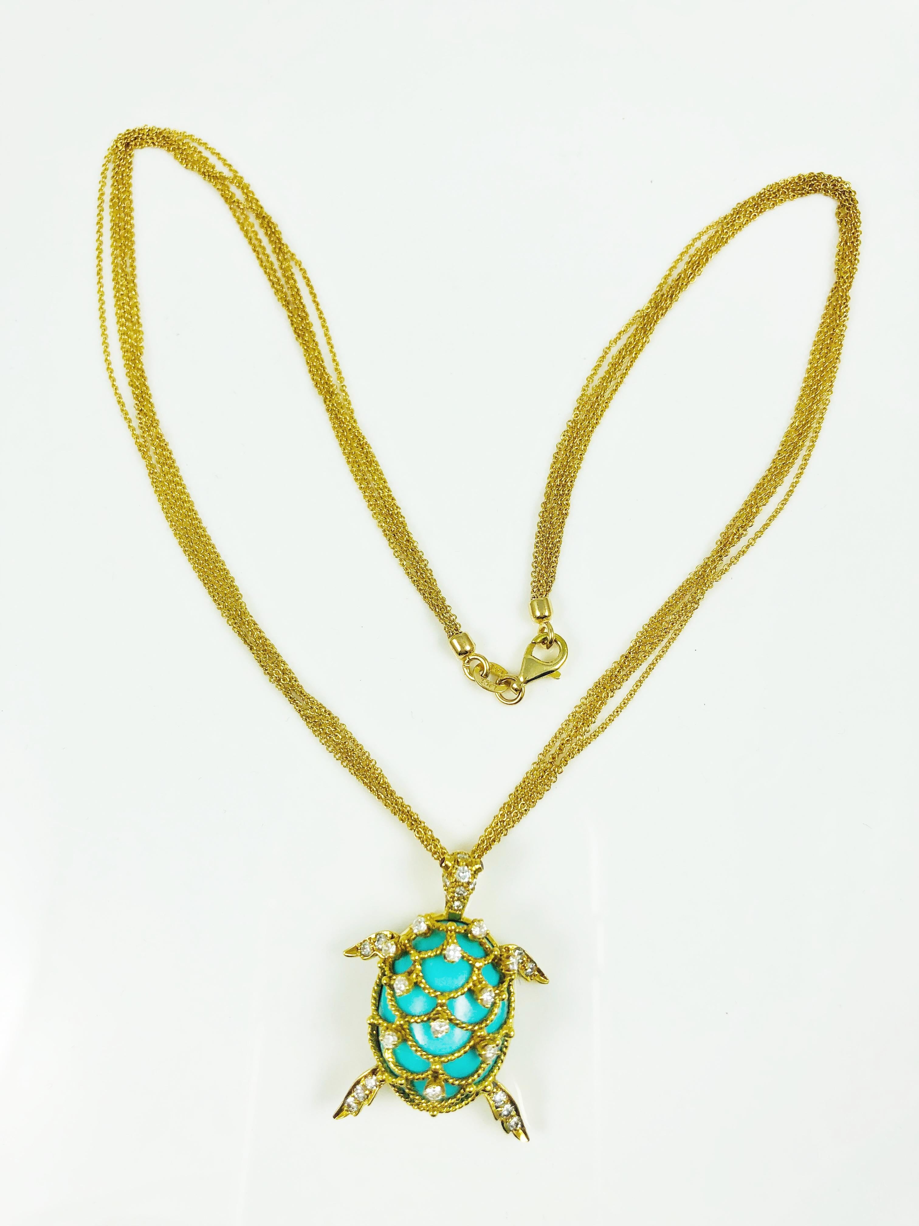 Hammerman Brothers Persian Turquoise, Diamond and 14 Karat Gold Turtle Necklace 10