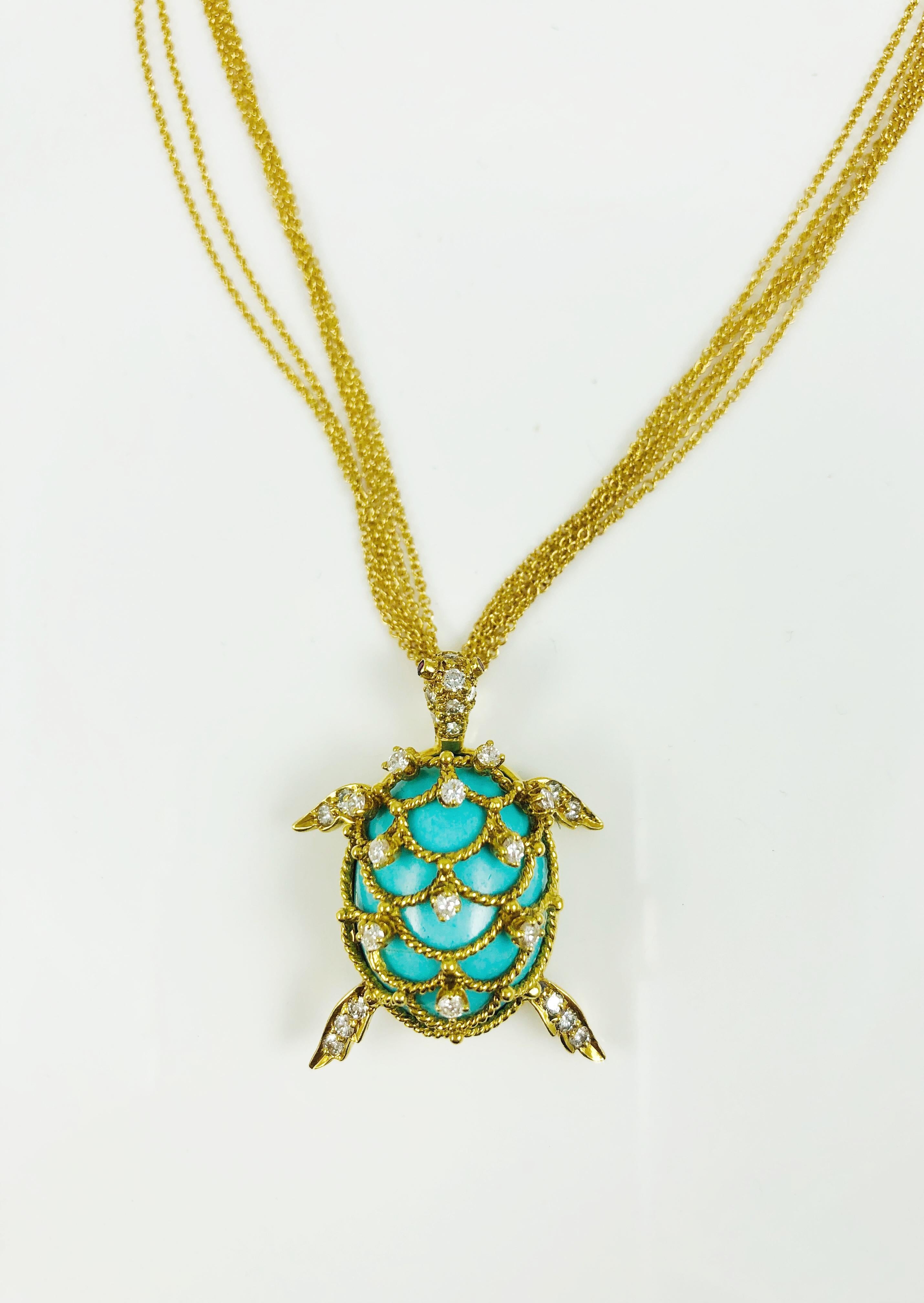 Hammerman Brothers Persian Turquoise, Diamond and 14 Karat Gold Turtle Necklace 11