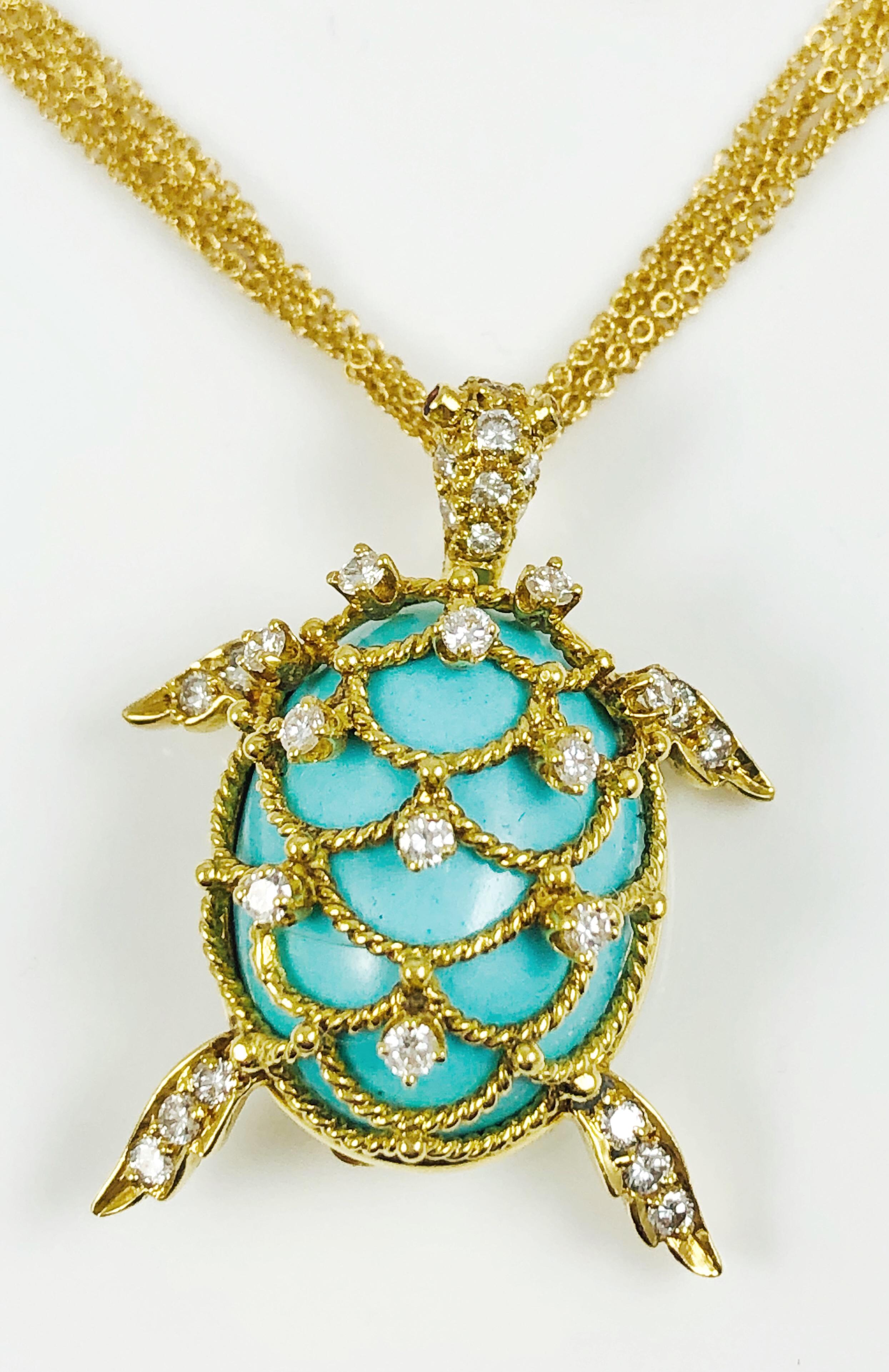 Gorgeous Designer Hammerman Brothers Turtle necklace! This piece features a stunning Persian Turquoise as the center go the body. The center stone is enclosed in a 14K Yellow Gold and Diamond shell design that has nine round diamonds. Each of the