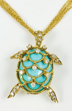 Hammerman Brothers Persian Turquoise, Diamond and 14 Karat Gold Turtle Necklace