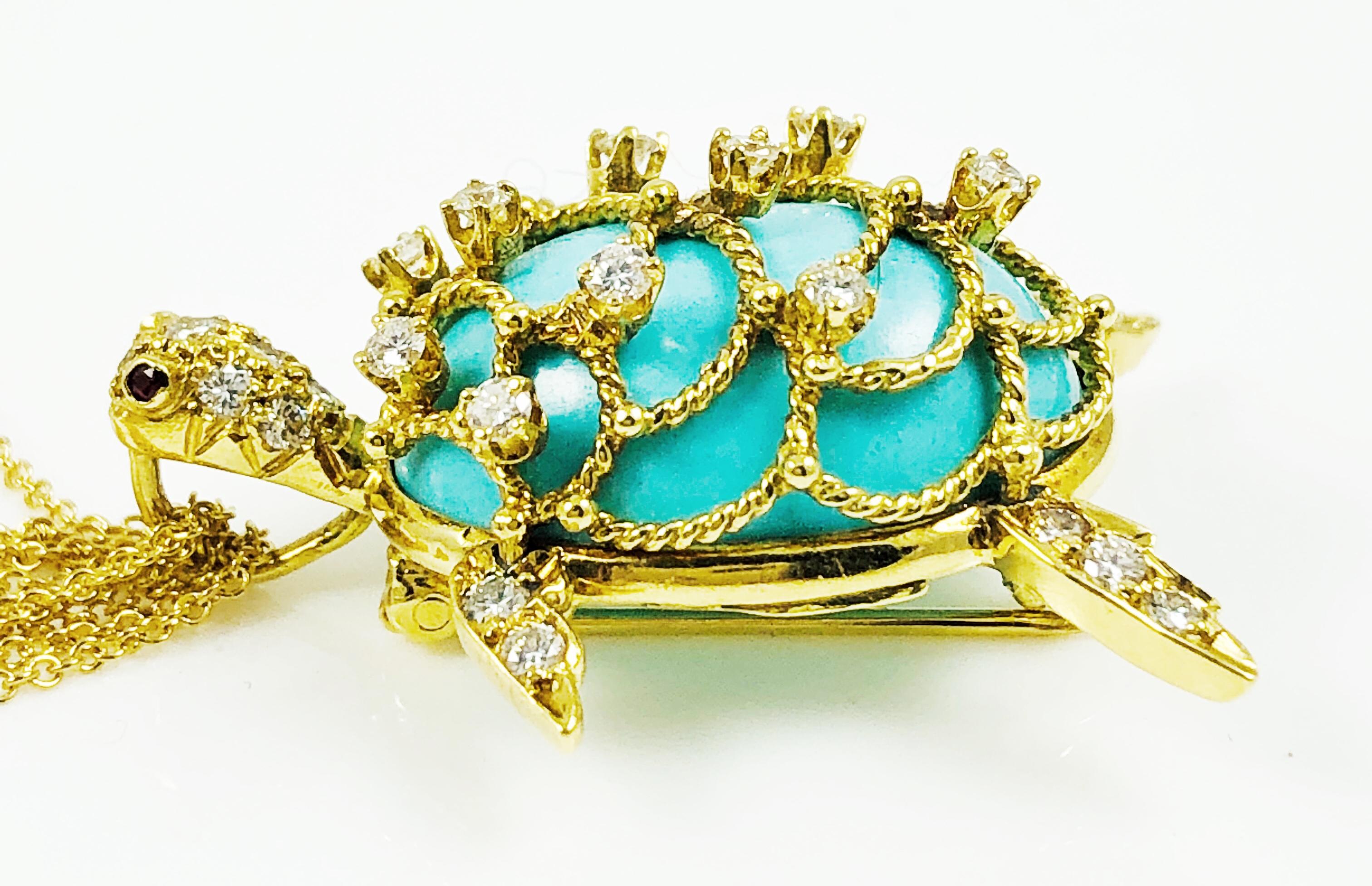 Modern Hammerman Brothers Persian Turquoise, Diamond and 14 Karat Gold Turtle Necklace