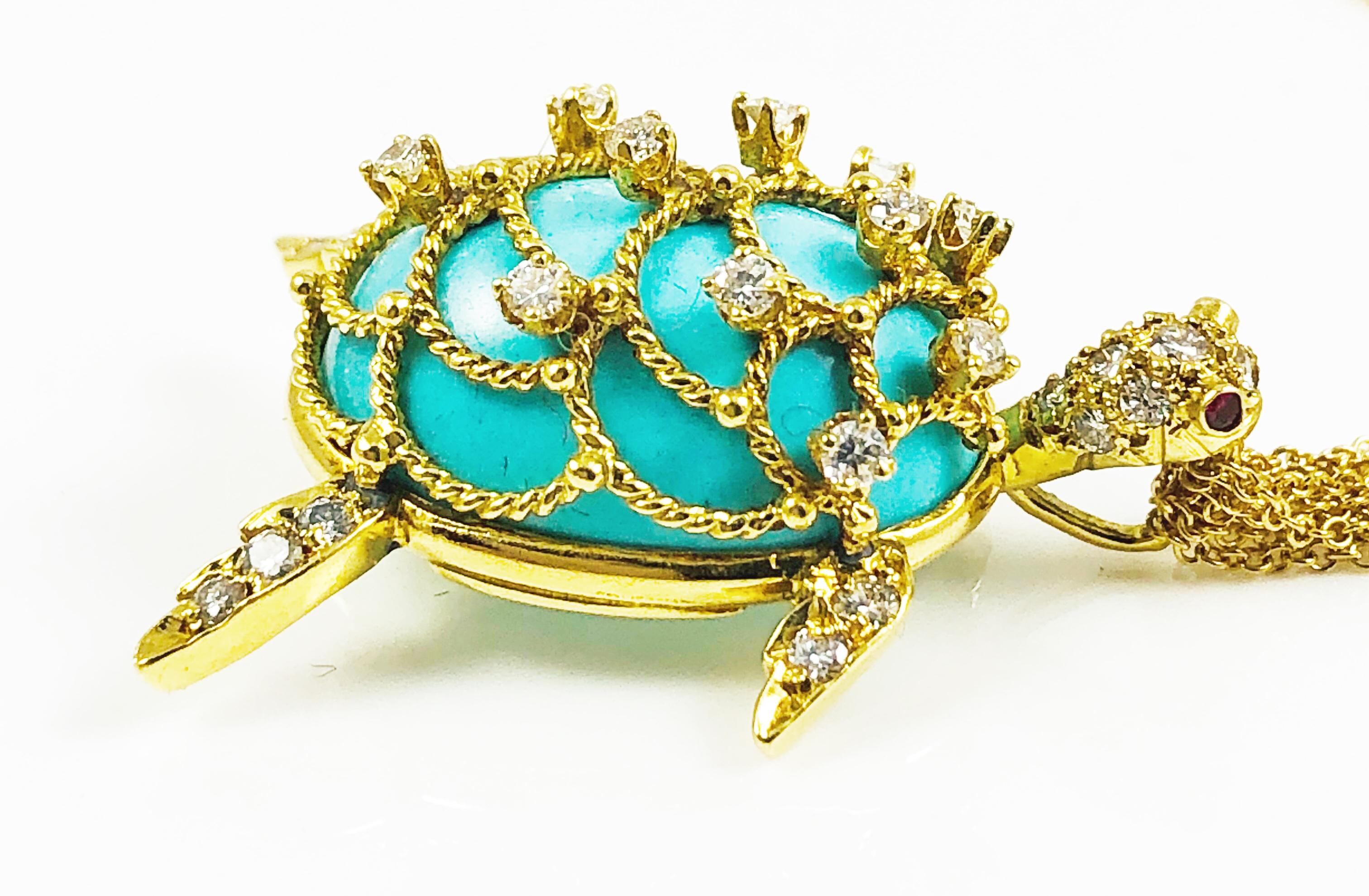 Hammerman Brothers Persian Turquoise, Diamond and 14 Karat Gold Turtle Necklace In Excellent Condition In Birmingham, AL