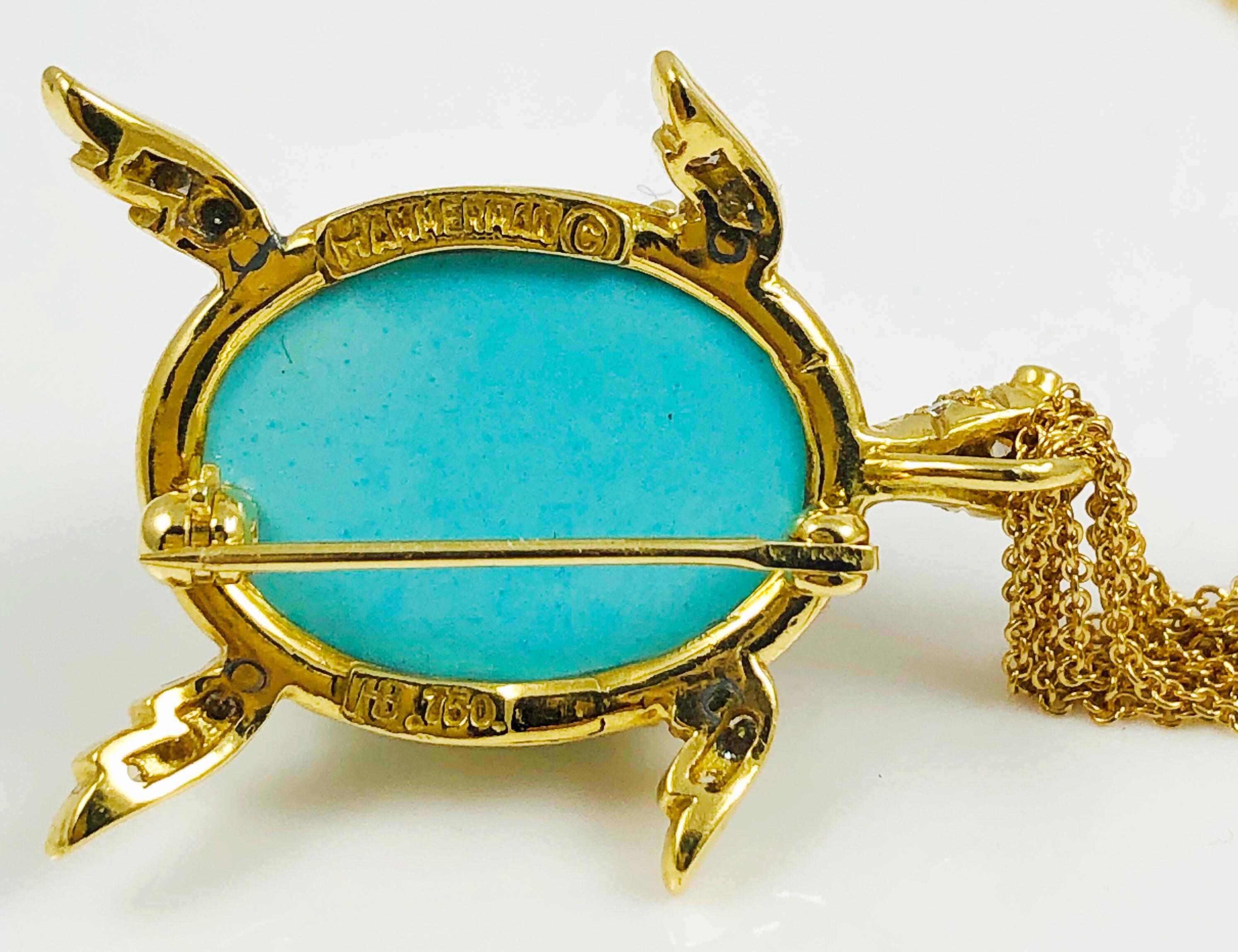 Hammerman Brothers Persian Turquoise, Diamond and 14 Karat Gold Turtle Necklace 1