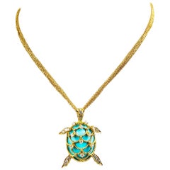 Hammerman Brothers Persian Turquoise, Diamond and 14 Karat Gold Turtle Necklace