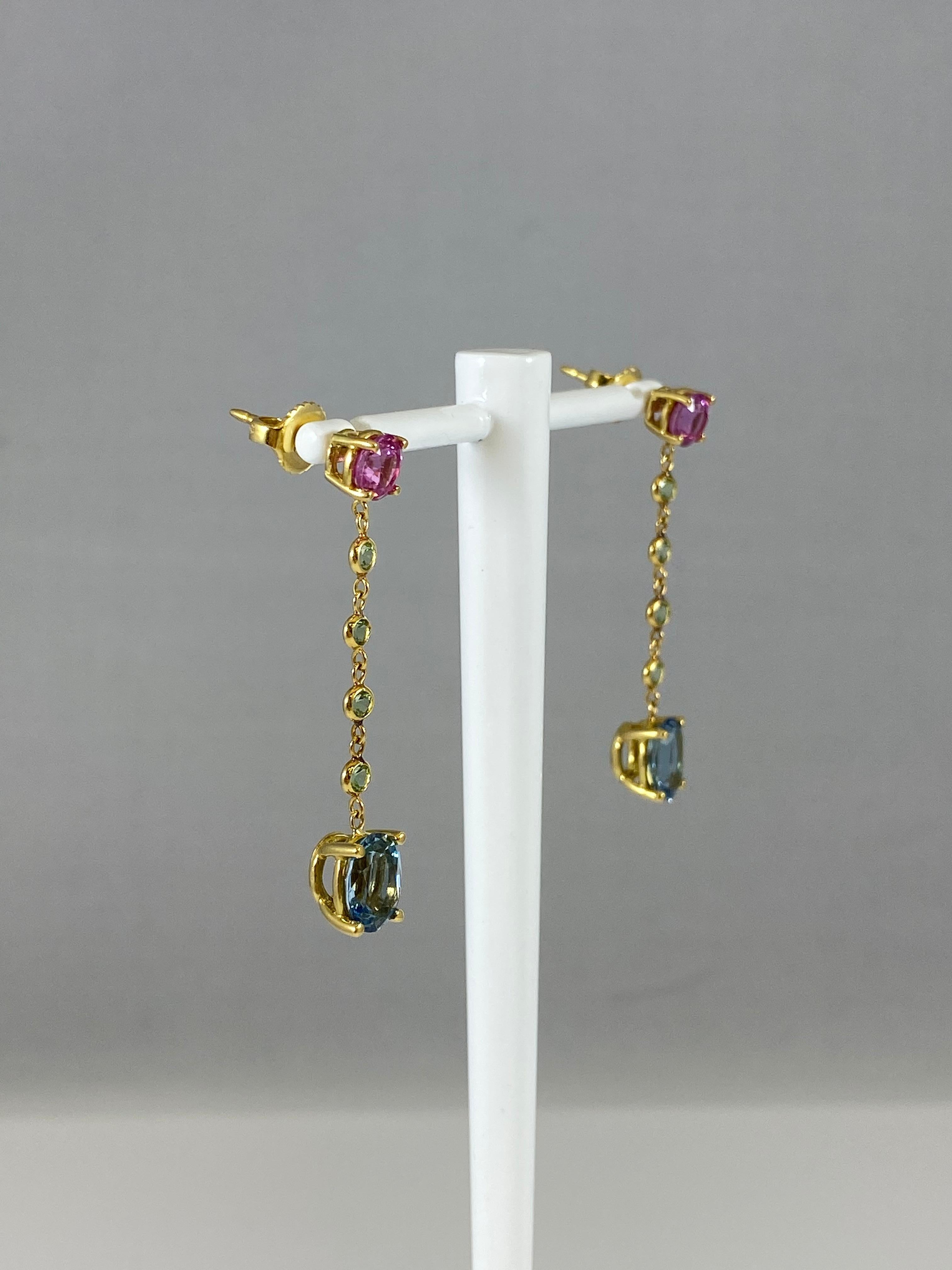 Hammerman Jewels 18 Karat Yellow Gold Pink Sapphire, Apple Green Garnet, and Aquamarine Dangle Earrings. 4.06 carats of gemstones. 