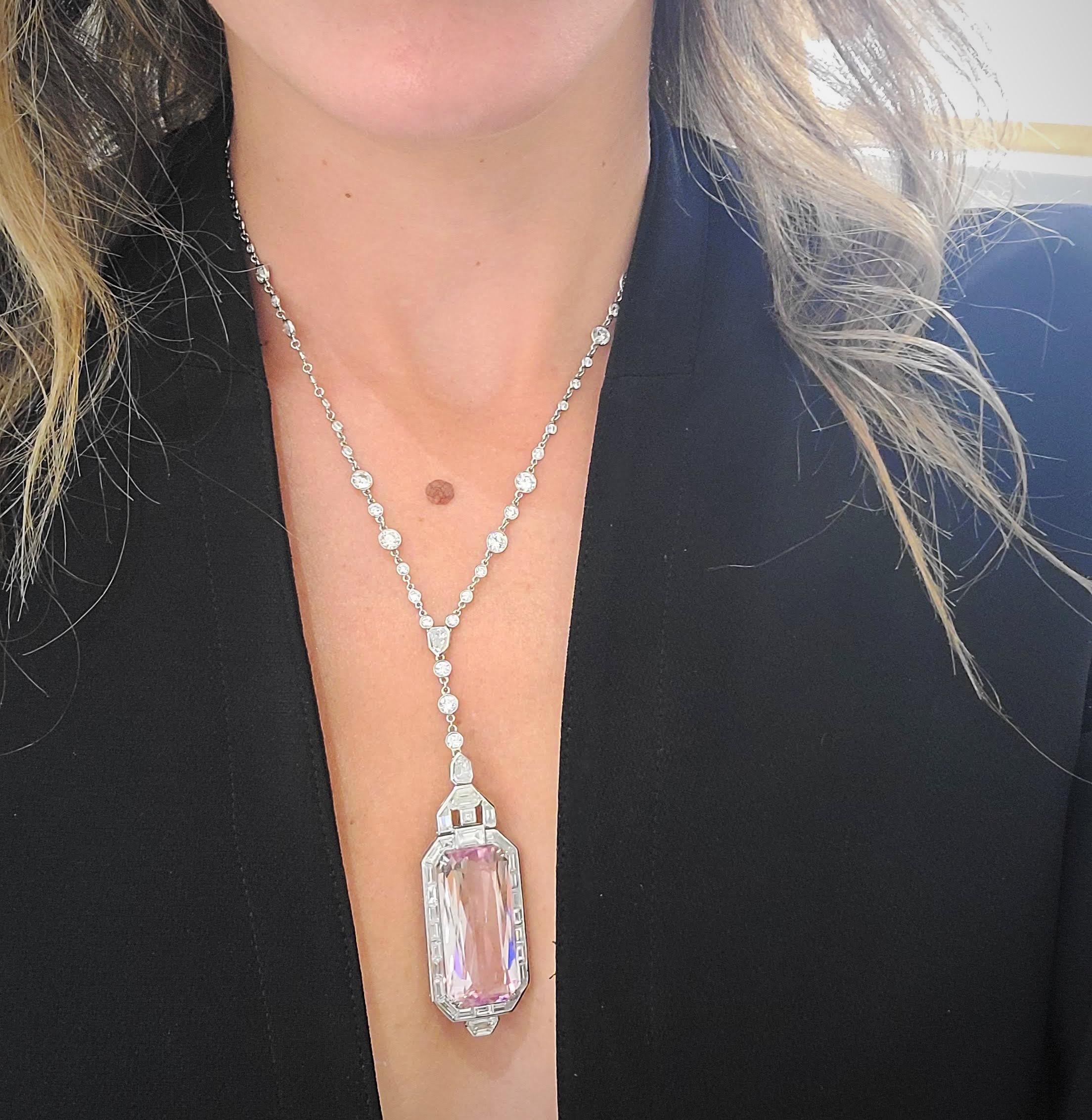 Known best for old world craftsmanship, Hammerman Brothers is a  75 year old company which remains American made.
This magnificent Art Deco-inspired pendant is the perfect example of their extraordinary workmanship. The platinum deco style pendant