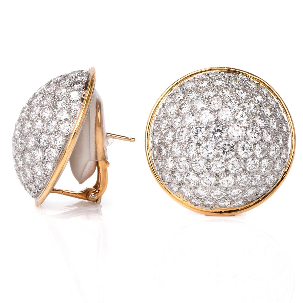 Designed as convex circular plaques measuring 22 mm in diameter, these conspicuous elegant earrings appropriate for all times and occasions is cumulatively adorned with 12.50 carats of high quality round-faceted pave-set diamonds graded F-G color,